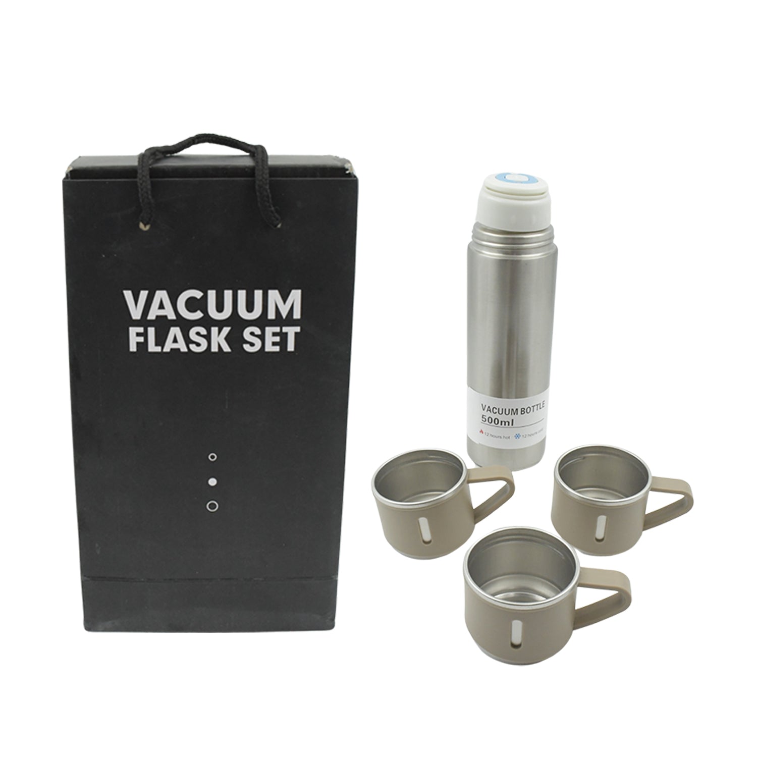 Stainless Steel Vacuum Flask Set with 3 Steel Cups Combo for Coffee Hot Drink and Cold Water Flask Ideal Gifting Travel Friendly Latest Flask Bottle. (500ml) - Bhavnagar Deodap