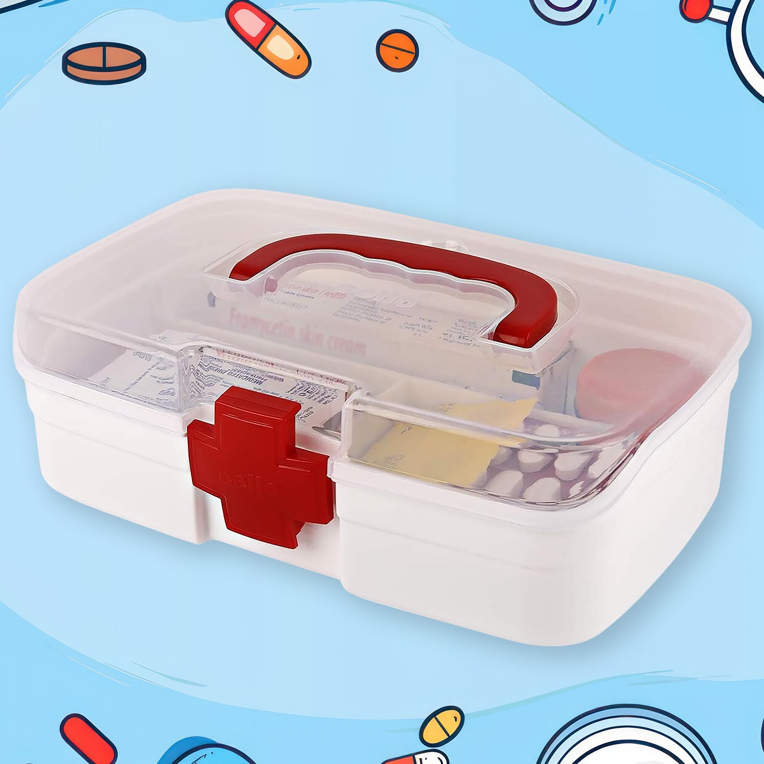 3 Compartment Medical Box, 1 Piece, Indoor Outdoor Medical Utility, Medicine Storage Box, Detachable Tray Medical Box Multi Purpose Regular Medicine, First Aid Box with Handle, Transparent Lid & Color Box  - Bhavnagar Deodap