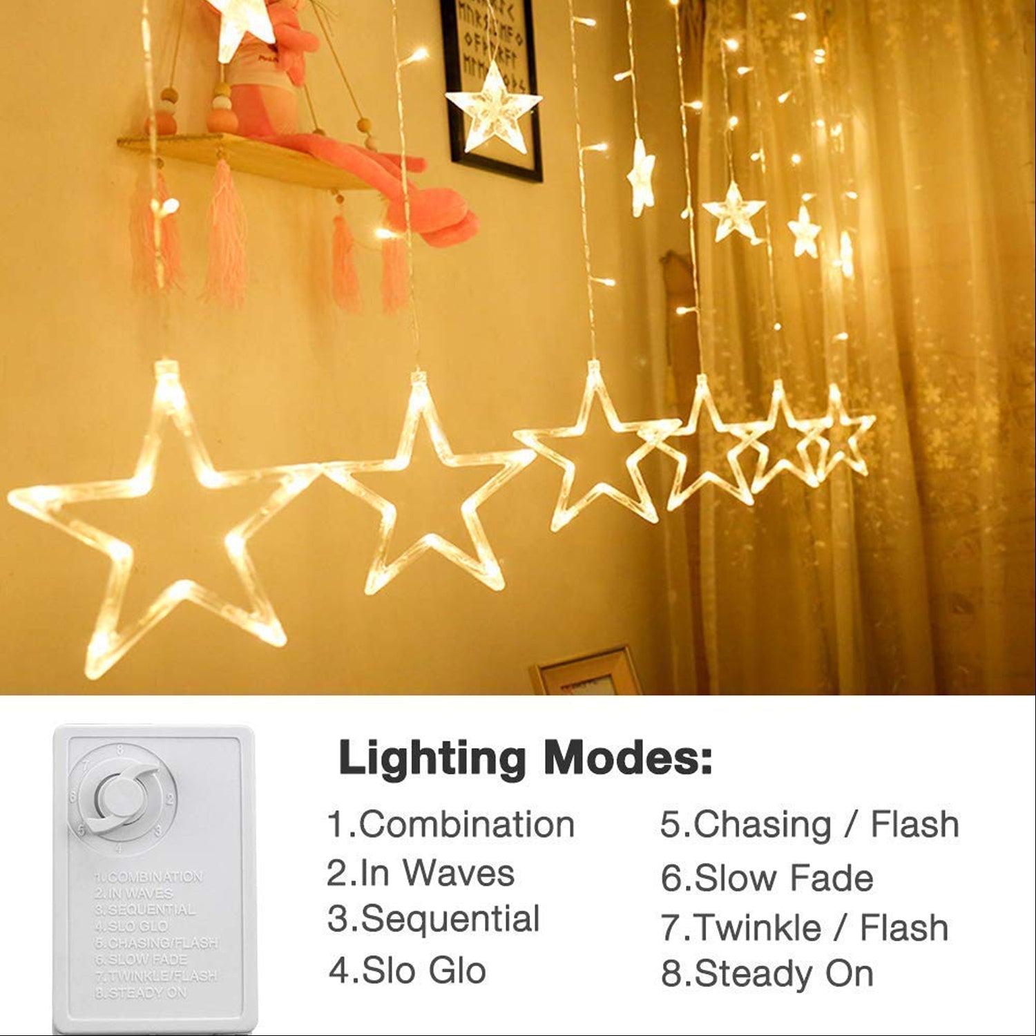 12 Stars Curtain String Lights, Window Curtain Lights with 8 Flashing Modes Decoration for Festivals-11 - Bhavnagar Deodap