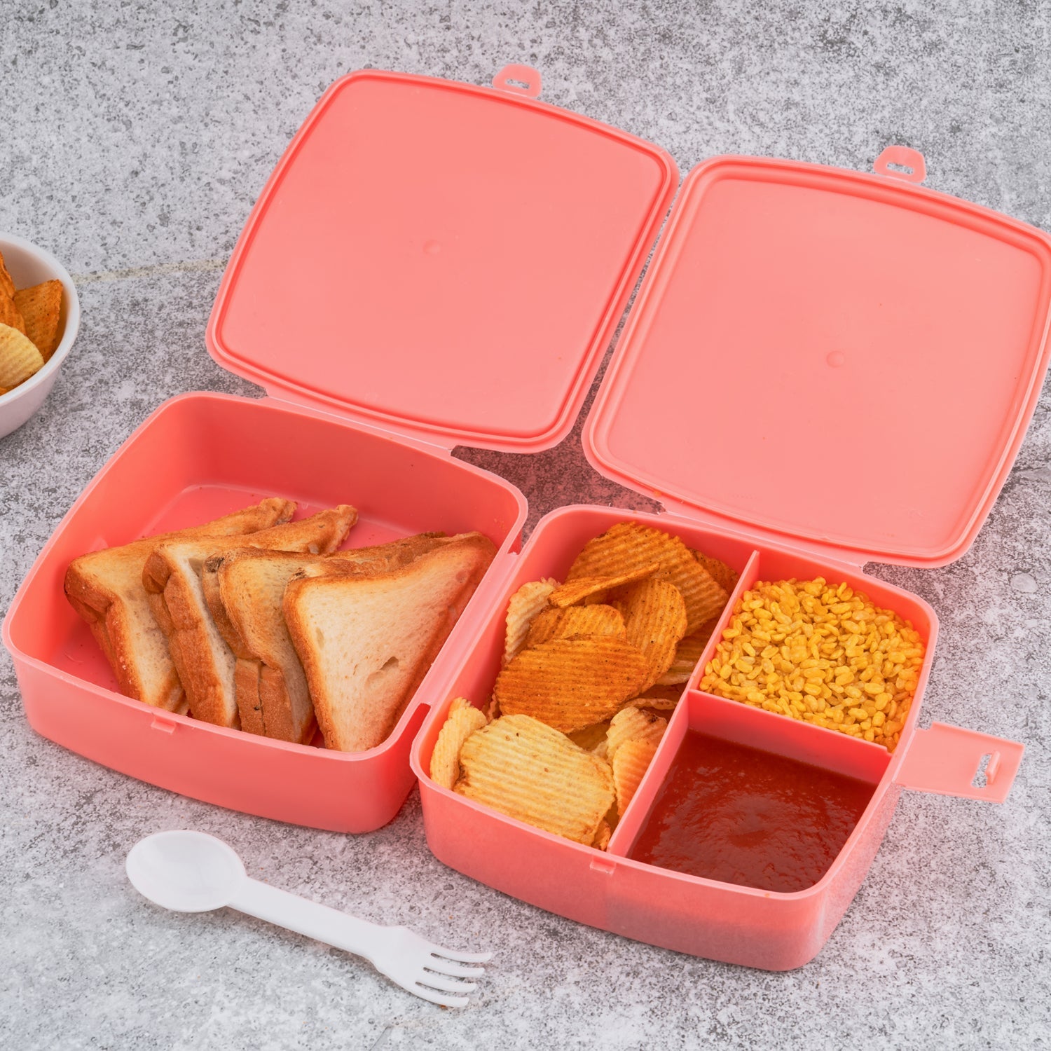 Double-Layer Square Lunch Box with  Spoon , 4 Compartment Tiffin & Push Lock , Plastic Tiffin Box for Travelling, School Kids & Office Exclusive, Home - Bhavnagar Deodap