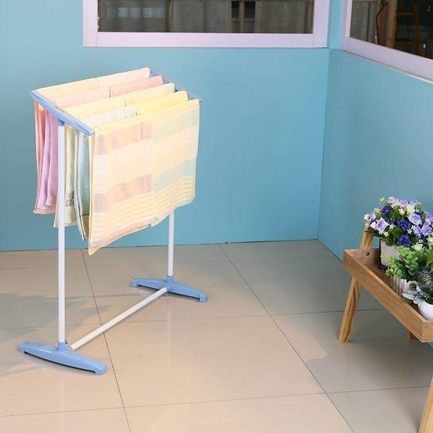 Multi-Functional Single Tier Mobile Towel Foldable Rack for Cloth and Towel / Stainless Steel and Plastic Made Mobile Towel and Cloth Rack Holder Indoor / Outdoor Standing Movable Cloth Dryer Rack, Balcony Cloth Drying Stand - Bhavnagar Deodap