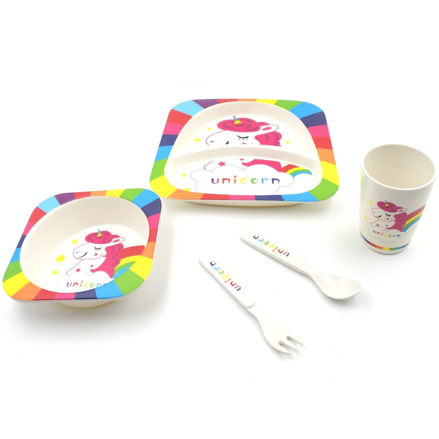 Bamboo Fiber Kids 1 Bowl, 1 Spoon, 1 Fork, 1 Glass, 1 Plate Unicorn Design for Kids and Toddlers, Children Dinnerware Set - Feeding Set for Kids, Cartoon Design Tableware Microwave & Dishwasher Safe (5 Pcs Set) - Bhavnagar Deodap