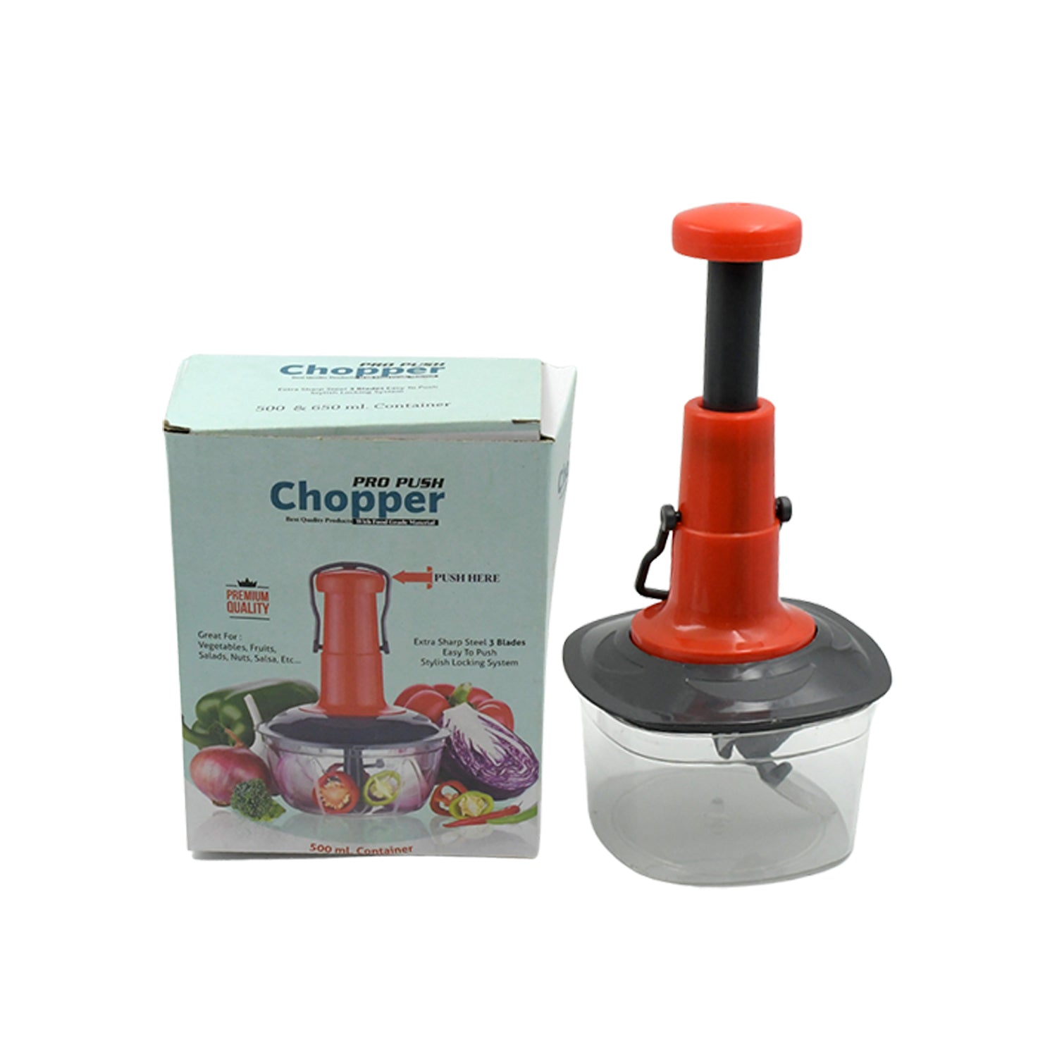 Manual Food Chopper (650ml): 3 Stainless Steel Blades, Locking System, Anti-Slip Base - Bhavnagar Deodap