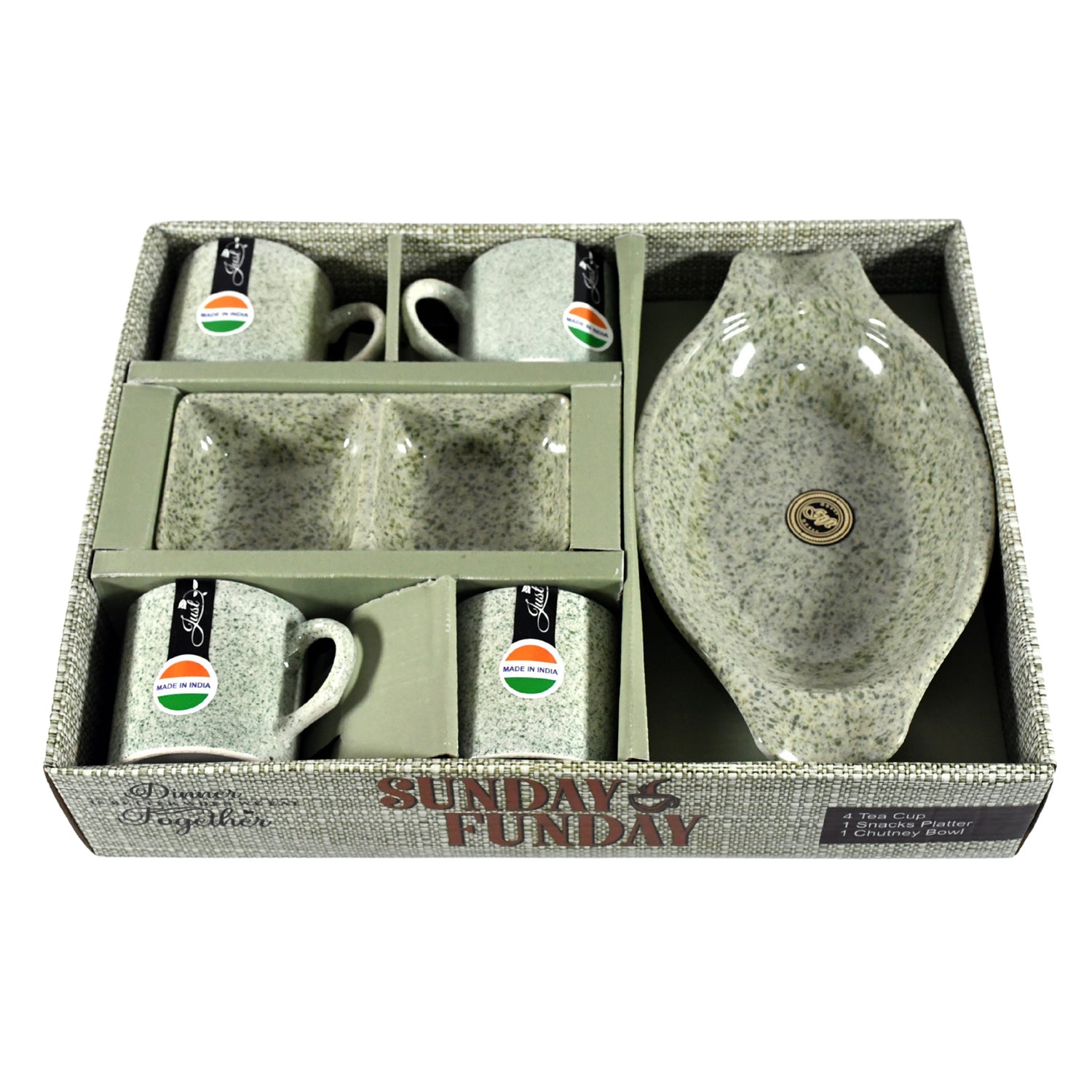 Sunday Funday Ceramic Tea / cups / Mug With Plastic Snacks Platter and 2 compartment Chutney Bowl Milk Cup, Coffee Cup, Breakfast Cup, Drinking Mug or Outdoor for Household, Gift for Birthday, Wedding Party (6 Pcs set) - Bhavnagar Deodap