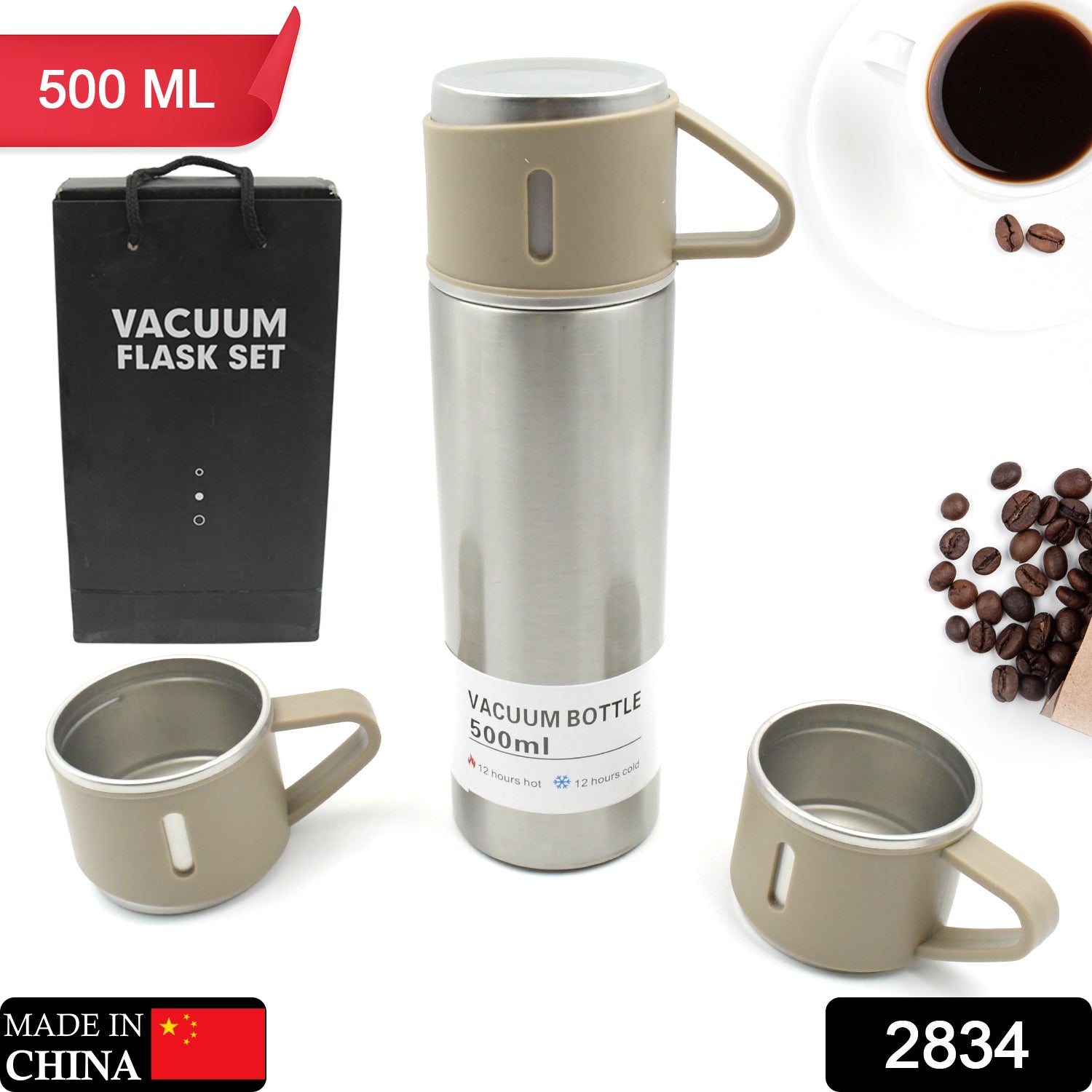 Stainless Steel Vacuum Flask Set with 3 Steel Cups Combo for Coffee Hot Drink and Cold Water Flask Ideal Gifting Travel Friendly Latest Flask Bottle. (500ml) - Bhavnagar Deodap