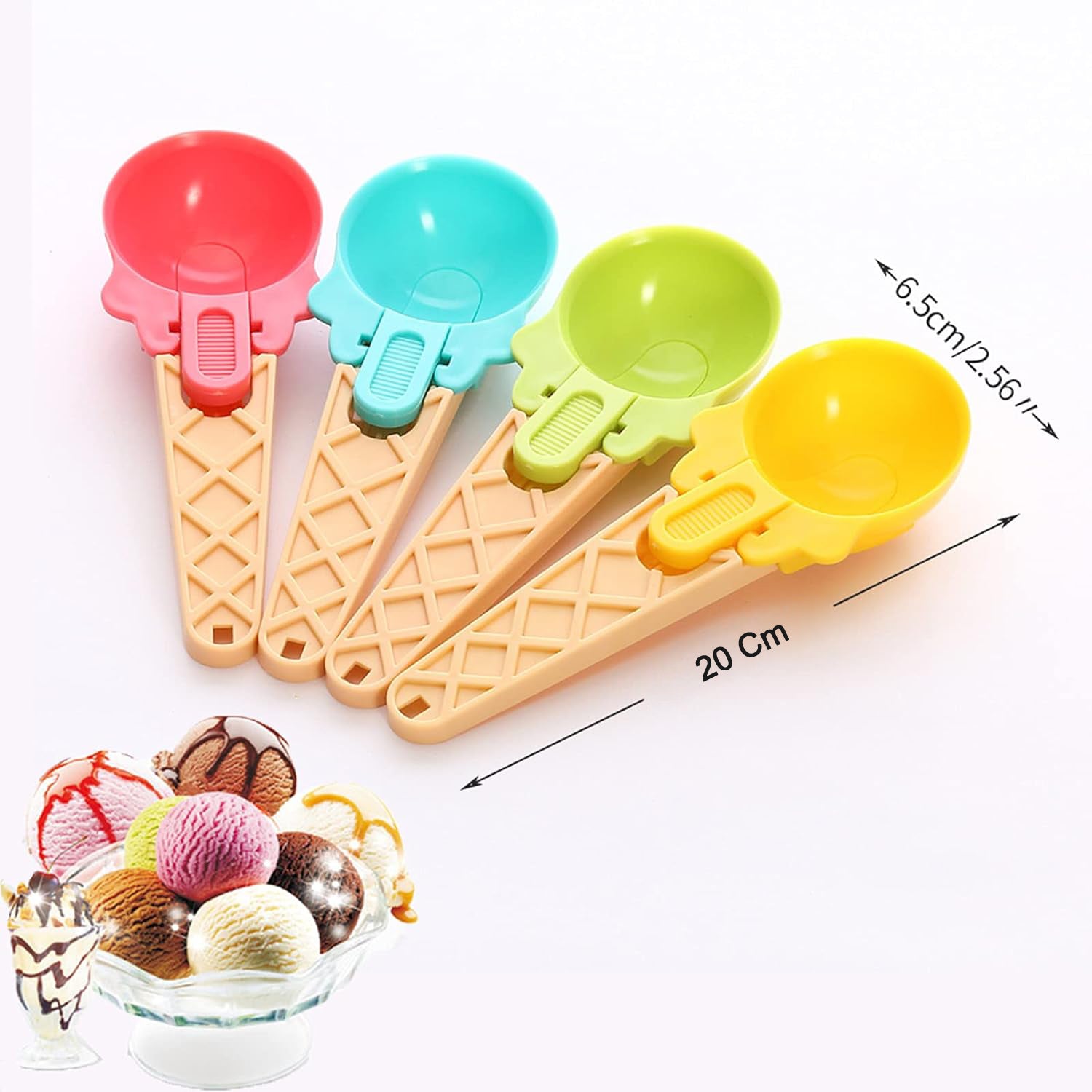 Ice Cream Spoons 2pcs Plastic Water Melon Scoopers with Trigger Dipper and Adults for Summer Party Ice Cream Scoop, Food Serving Spoon Kitchen Tools Ice Cream Digging Spoon Household Spoons Cupcake Spoons Aps Fruit Ball Player (2 Pc) - Bhavnagar Deodap