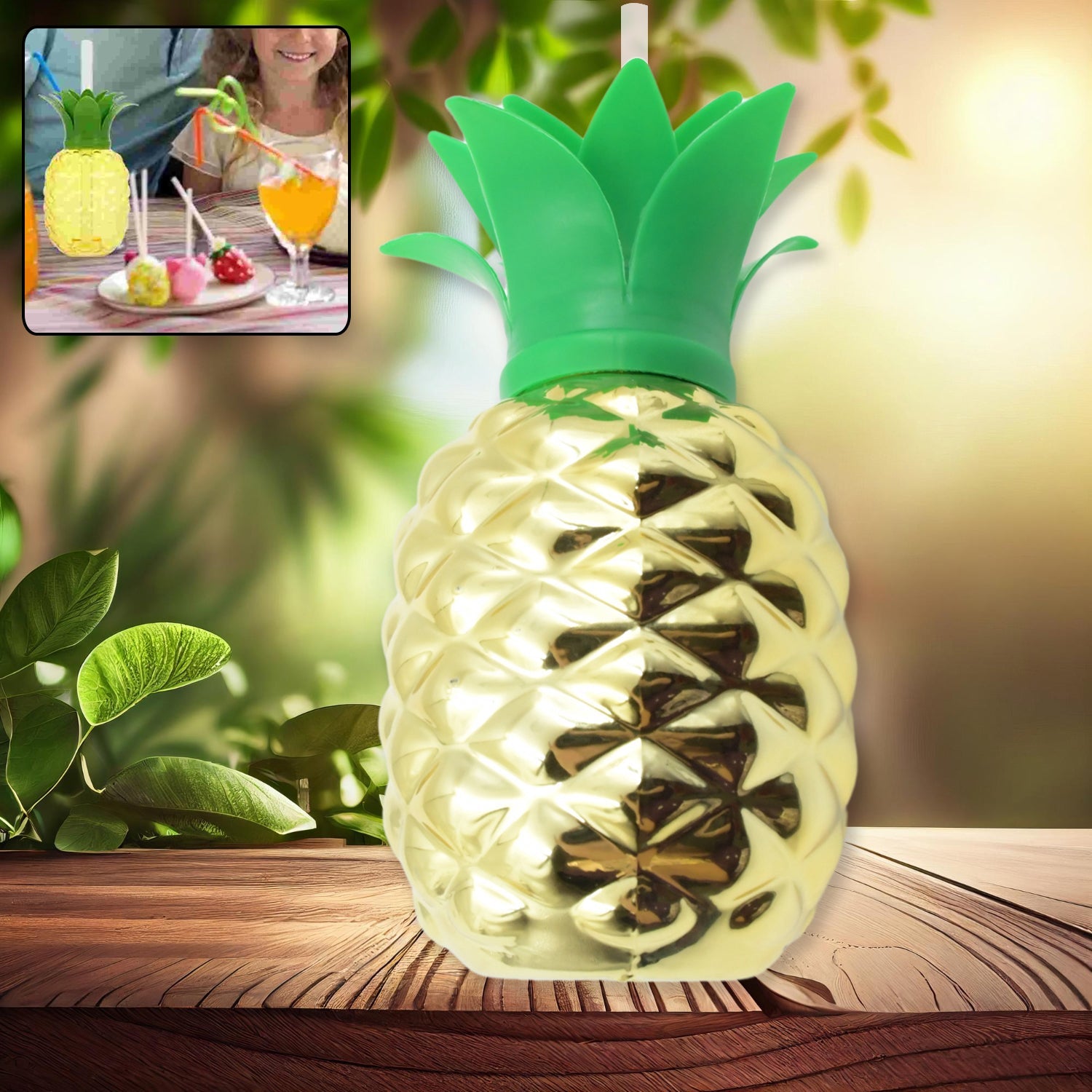 Plastic Pineapple Cups with Straw (1 Pc) - Party Favors, Hawaiian, Beach - Bhavnagar Deodap