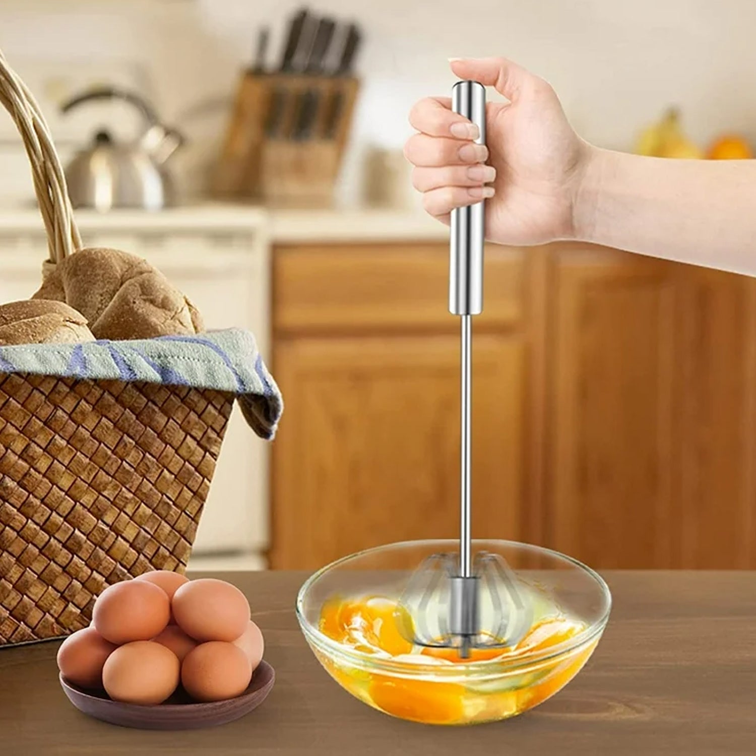 Big Stainless Steel Egg Whisk, Hand Push Rotary Whisk Blender (1 Pc / 35 Cm) - Bhavnagar Deodap