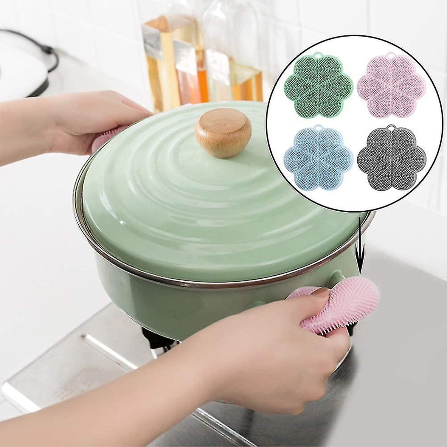 Multifunction Silicone Sponge Dish Washing Kitchen Scrubber, Dishwashing Brush Silicone Kitchen Brush Flower Shape Cleaning Brushes for Home Restaurant Easy Cleaning Tool Heat-Resistant Mat Kitchen Home Gadgets (1 Pc) - Bhavnagar Deodap