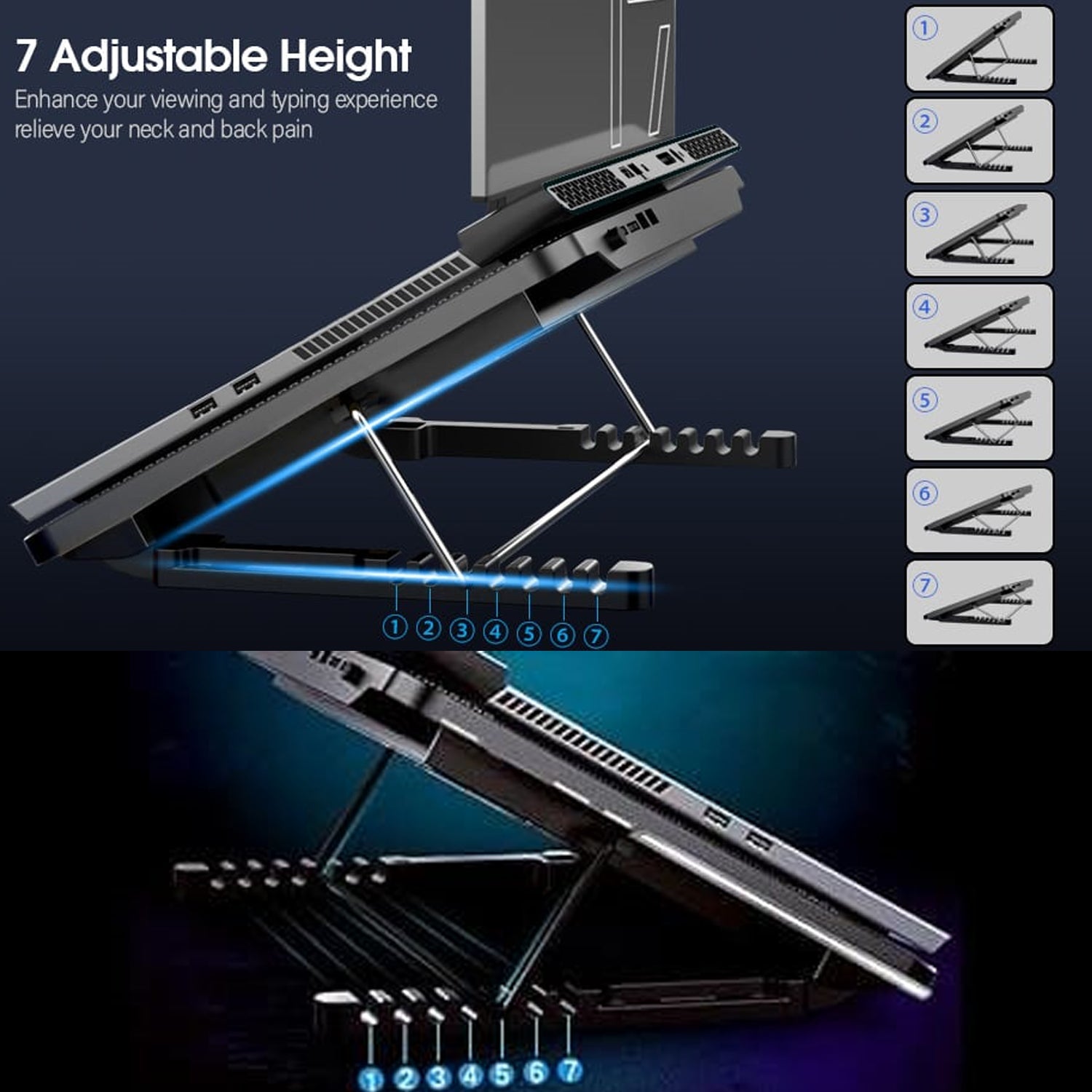 Laptop Cooler Cooling Pad with 2 Quiet Led Fans, Dual USB Ports, Portable Ultra Slim USB Powered 7 Heights Adjustable Laptop Stand for Gaming Laptop - Bhavnagar Deodap