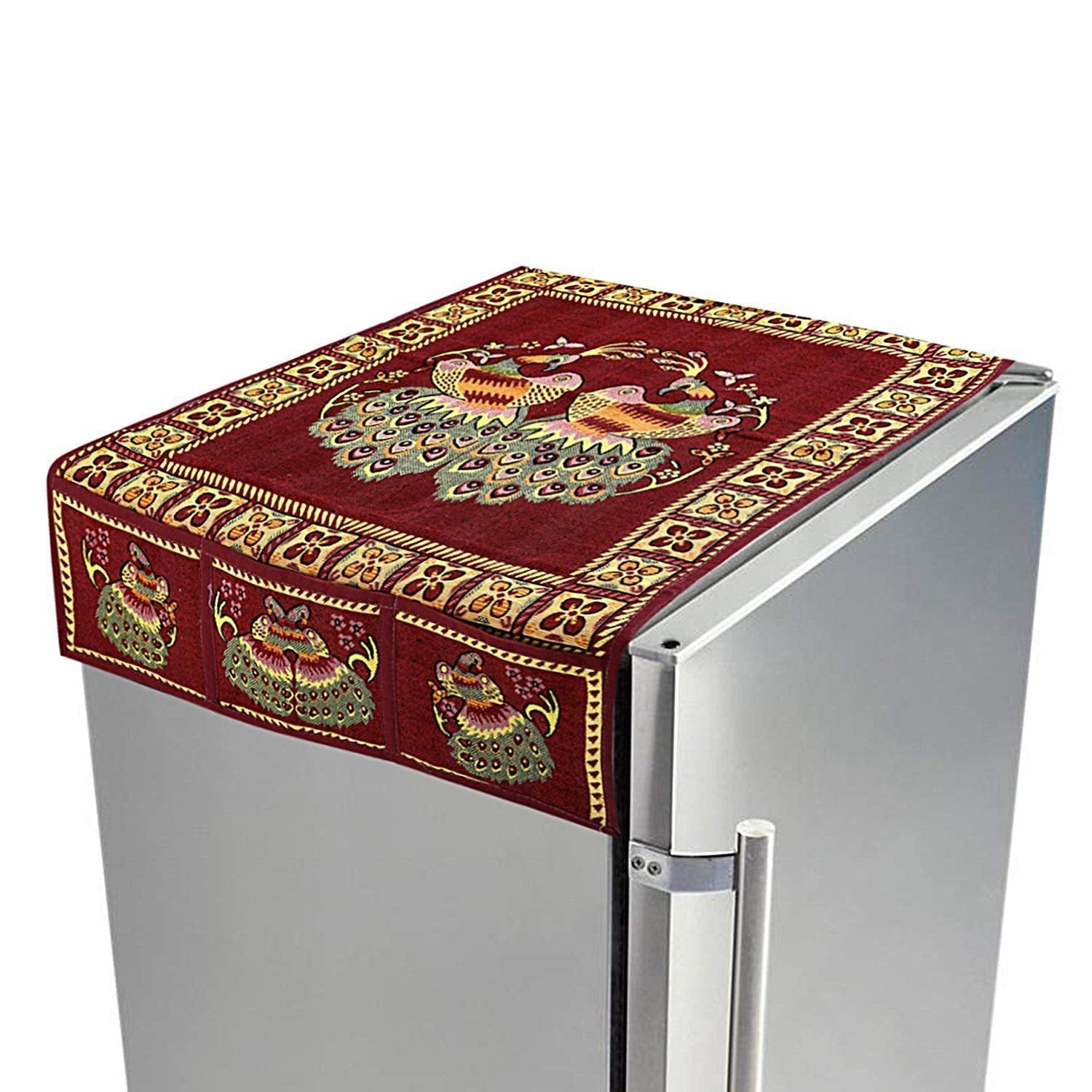 Cotton Fridge Top Cover Set - Standard, Appliance Covers Fridge Dustproof Cover with Peacock Deign 6 Utility Side Pockets Fridge Cover For All types Fridge Refrigerator Use (100x60CM) - Bhavnagar Deodap