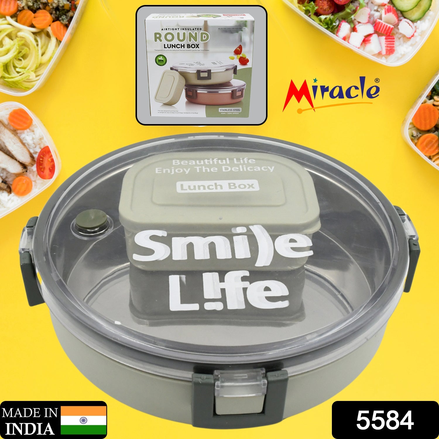 Miracle Stainless Steel Round Lunch Box, with Small Plastic Box Insert Leak Proof Lunch Box with Transparent lid, Lunch Box for Kids & Adults for School, Office (450 ML + 250 ML Approx) - Bhavnagar Deodap