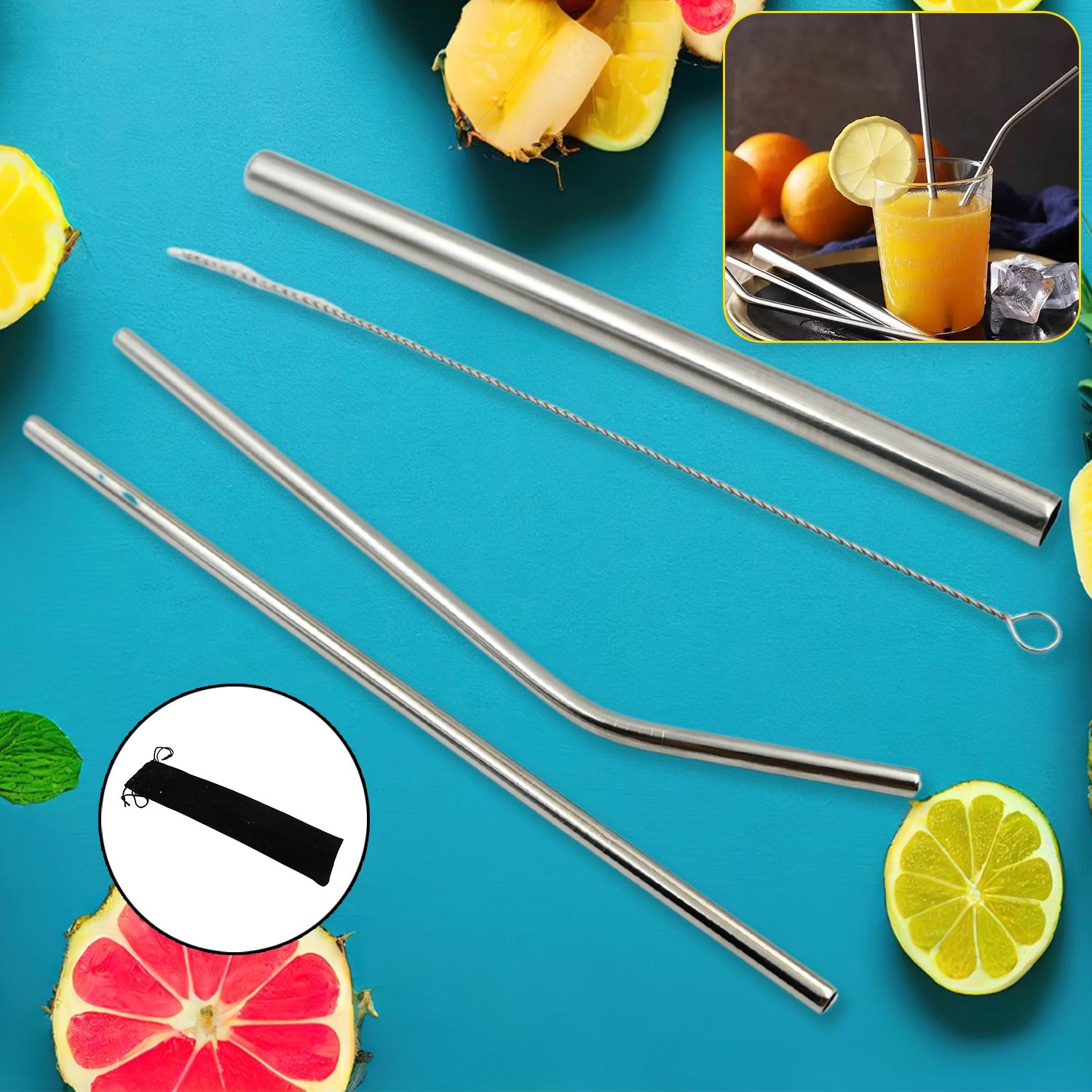 Reusable Stainless Steel Straws with Travel Case Cleaning Brush Eco Friendly Extra Long Metal Straws Drinking Set of 4 (2 Straight straws, 1 Bent straws, 1 Brush) - Bhavnagar Deodap