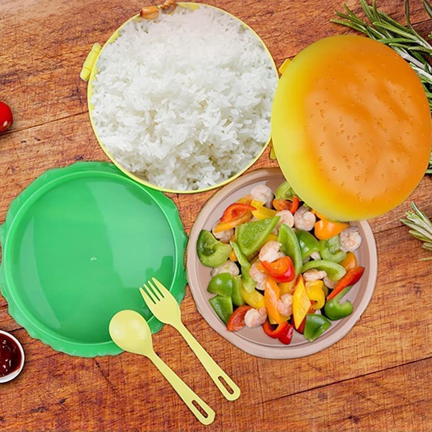 Burger Shape Lunch Box Plastic Lunch Box Food Container Sets Double Layer Lunchbox 1000ml With 2 Spoon Applicable to Kids and Elementary School Students - Bhavnagar Deodap