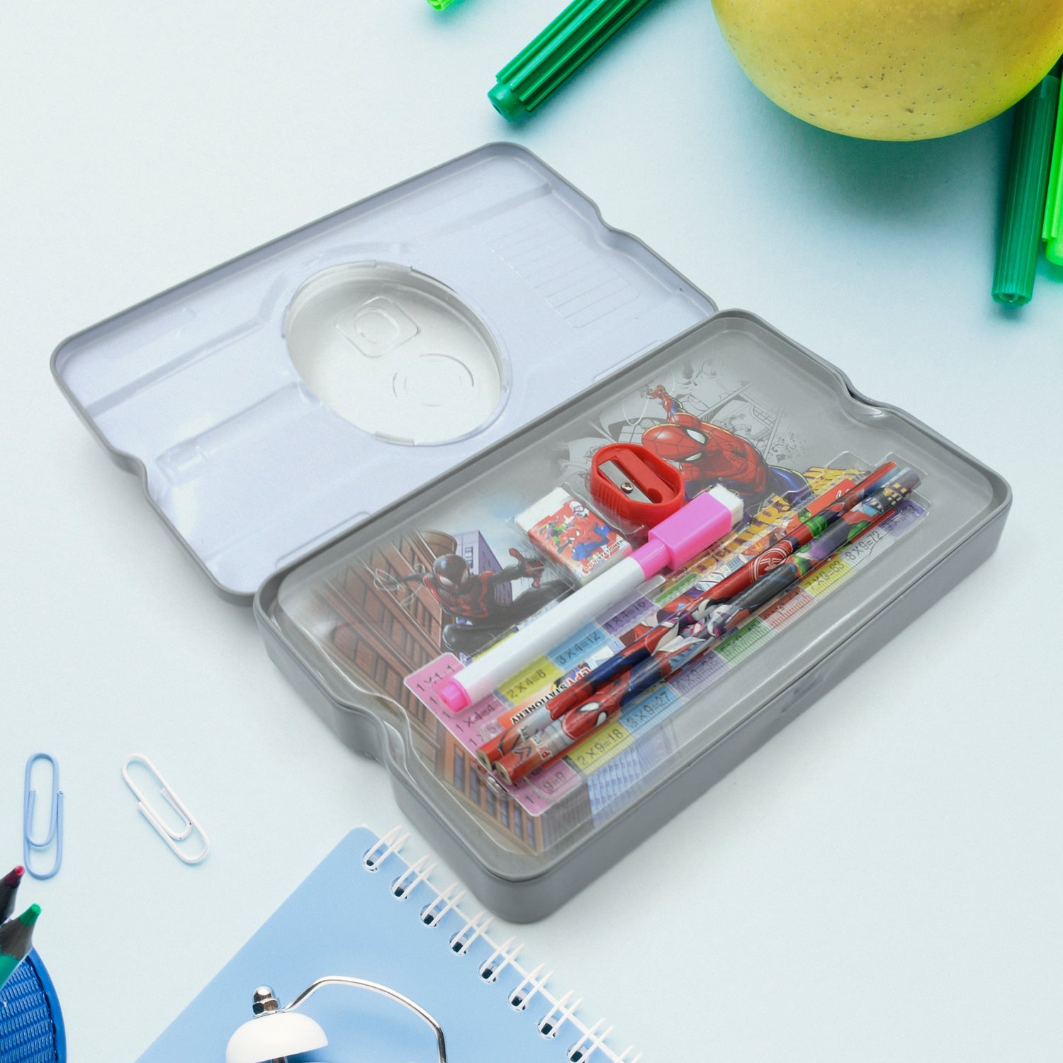 Big Cartoon Printed  Metal Compass Box, Pencil Case With Sharpner, Eraser, Pencil, Marker & Scale for Kids Stationery Compass Box, Stationery Gift for School Kids Compass, Pencil Box, Birthday Return Gift for Kids  (6 Pc Set) - Bhavnagar Deodap