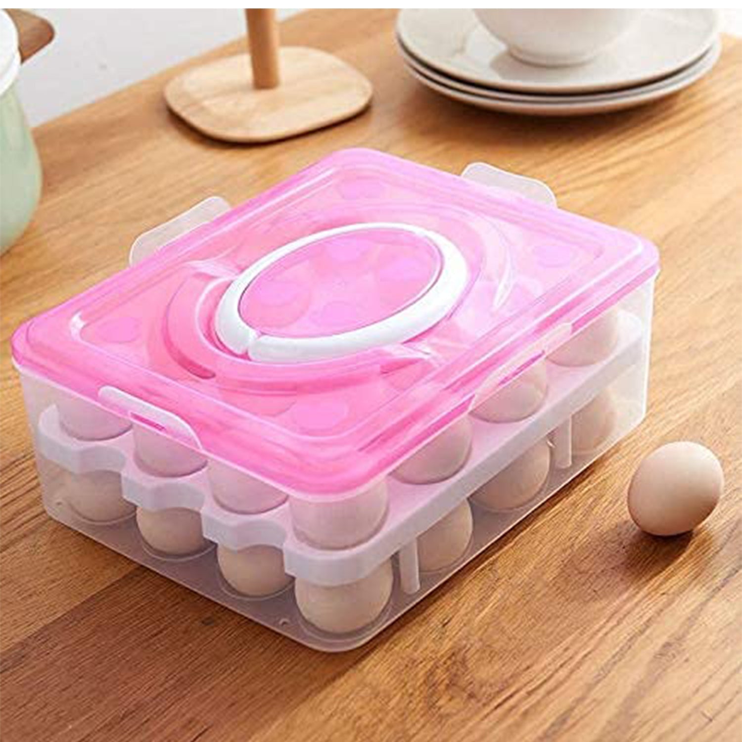 2Layer, 32 Grid Egg Tray with Lid Egg Carrier Holder for Refrigerator, Camping Food Storage Container with Handle (1 Pc ) - Bhavnagar Deodap