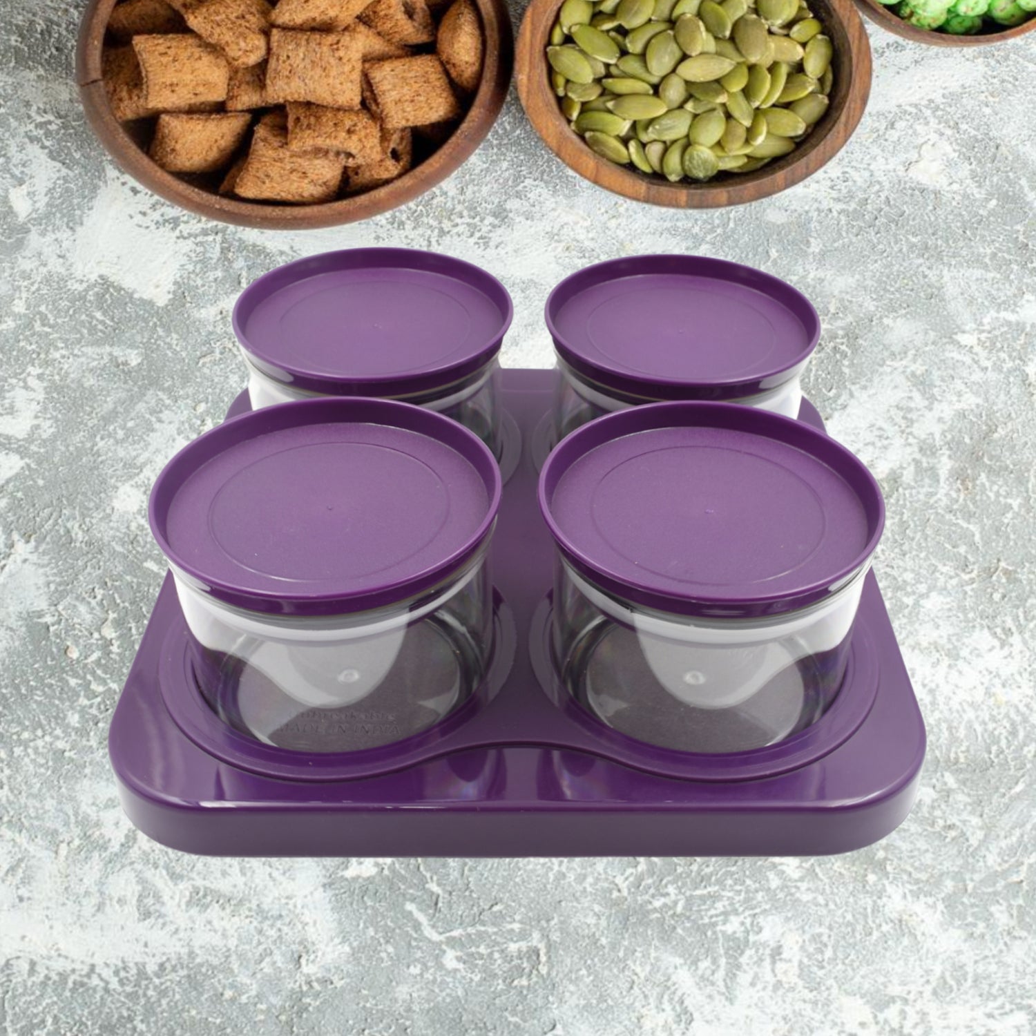 Airtight Plastic 4 Pc Storage Container Set, With Tray Dry Fruit Plastic Storage Container Tray Set With Lid & Serving Tray For Kitchen - Bhavnagar Deodap