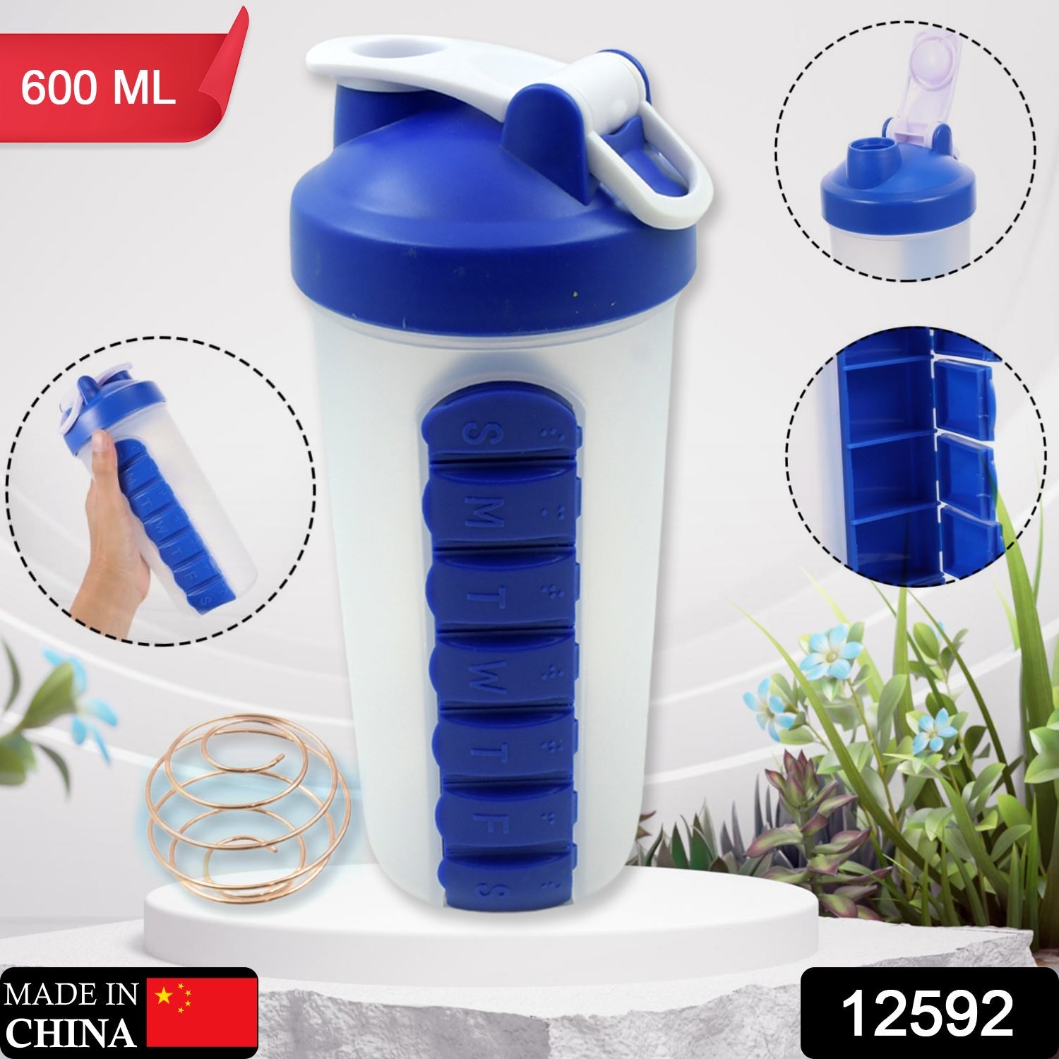 2 In1 Pill Shaker Cup Vitamin Holder Water Bottle with Pill Holder Daily Medicine Planner Shaker Water Bottle pillboxes Organizer pre Workout Shaker Fitness pp Bracket Portable (600 ML) - Bhavnagar Deodap