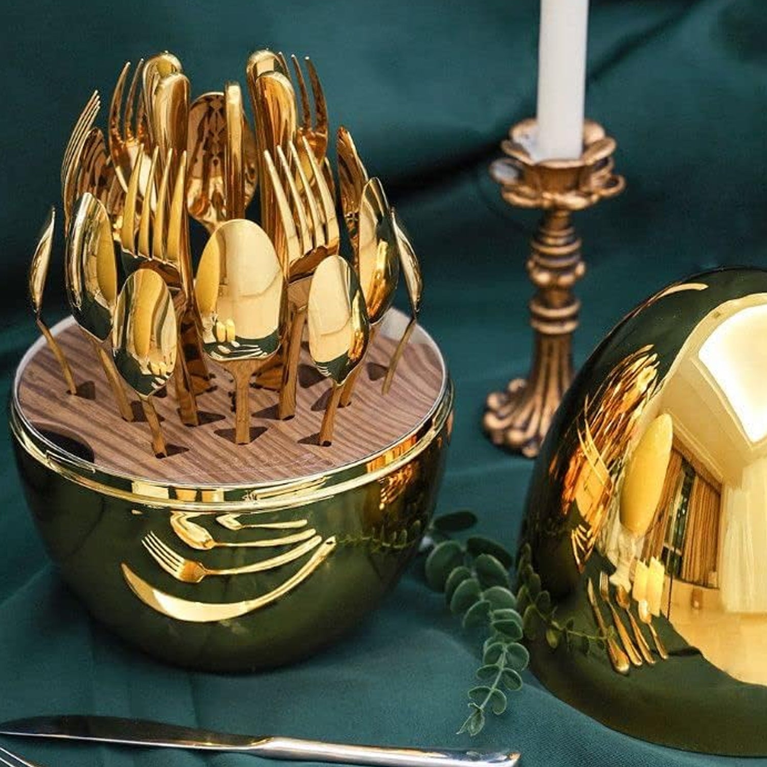 Beautiful Stylish Oval Designed Cutlery Sets, Egg-Shaped Luxury Spoon Holder Set  (Golden / 24 pcs set) - Bhavnagar Deodap