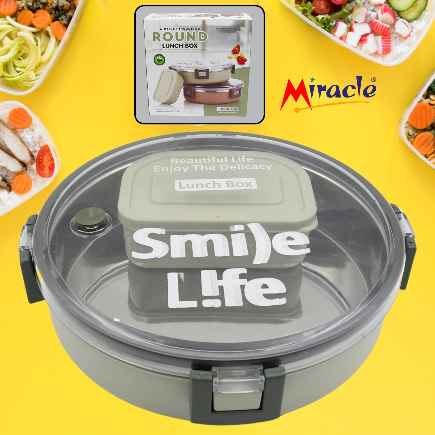 Miracle Stainless Steel Round Lunch Box, with Small Plastic Box Insert Leak Proof Lunch Box with Transparent lid, Lunch Box for Kids & Adults for School, Office (450 ML + 250 ML Approx) - Bhavnagar Deodap