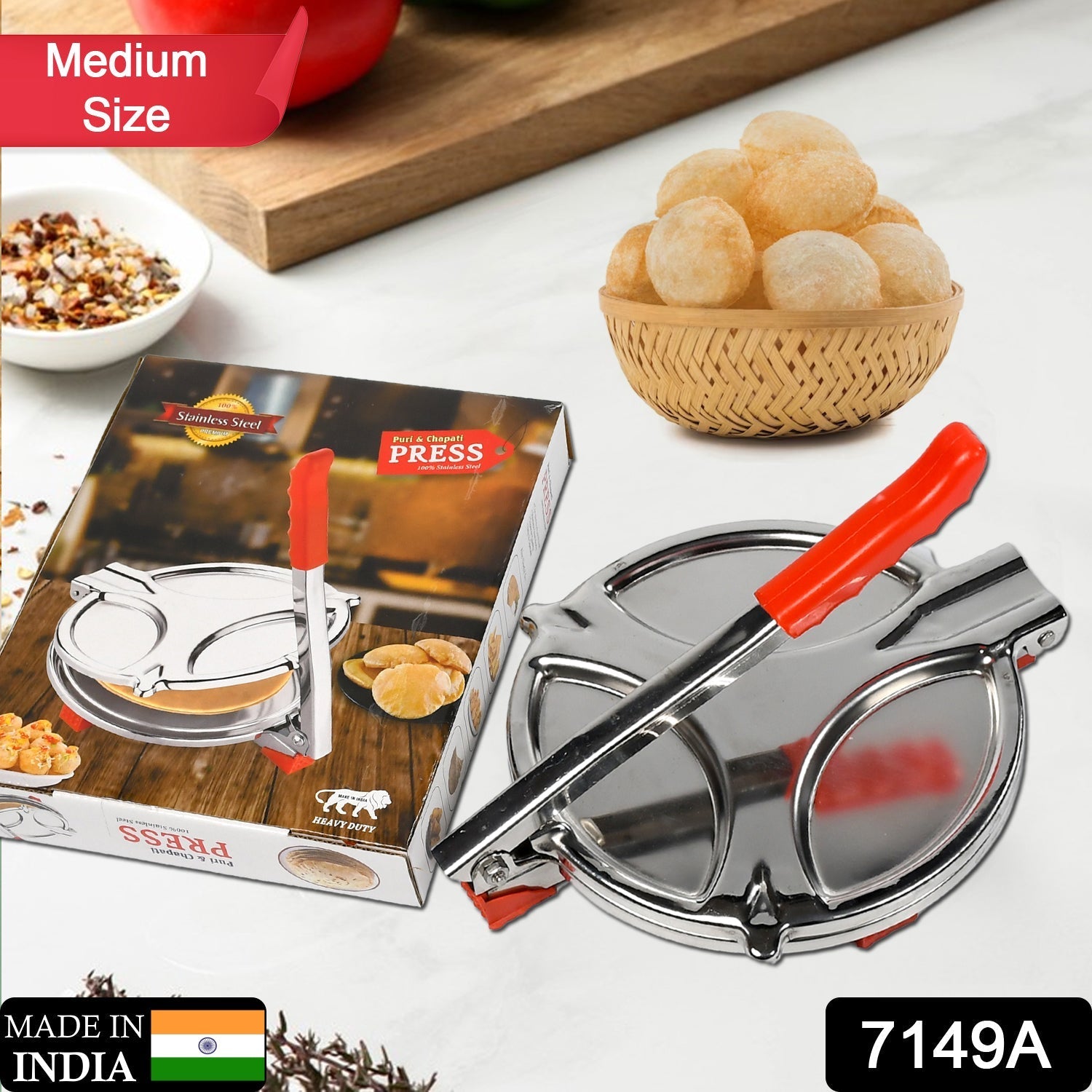 PURI PRESS MAKER - STAINLESS STEEL PURI MAKER PRESS MACHINE - ROTI CHAPATI PRESSER FOR HOME - PAPAD-KHAKHRA- PURI MAKER PRESS MACHINE WITH HANDLE, MANUAL PURI MAKER (MEDIUM) - Bhavnagar Deodap