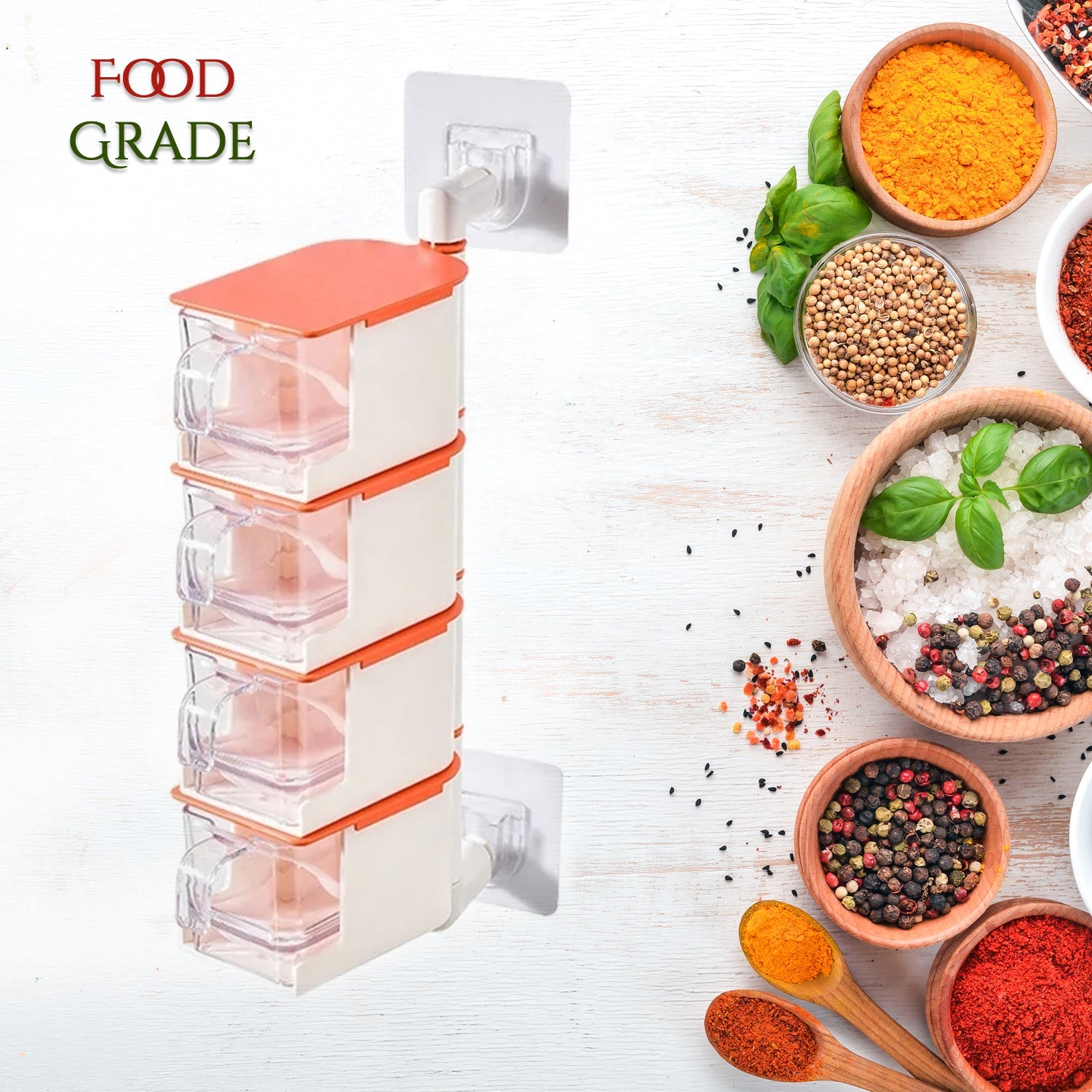 4 Layer Creative Adhesive Wall Hanging Rotary Seasoning Box Condiment Storage Container Kitchen with Spoon Pepper Sugar Spice Jar Rack Food - Bhavnagar Deodap