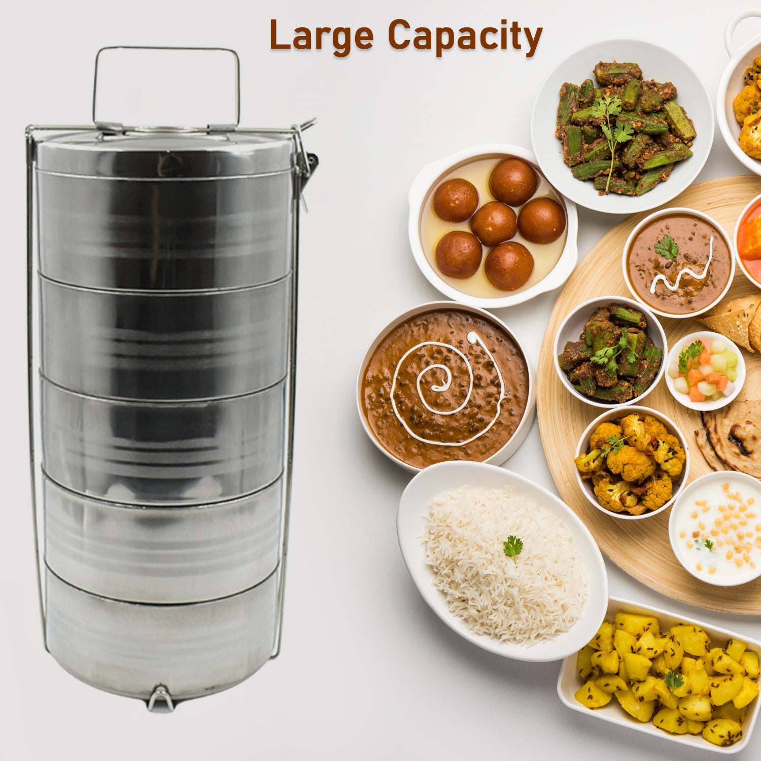 5 Compartment Lunch Box (Stainless Steel): Round Tiffin, Leakproof (16x5") - Bhavnagar Deodap