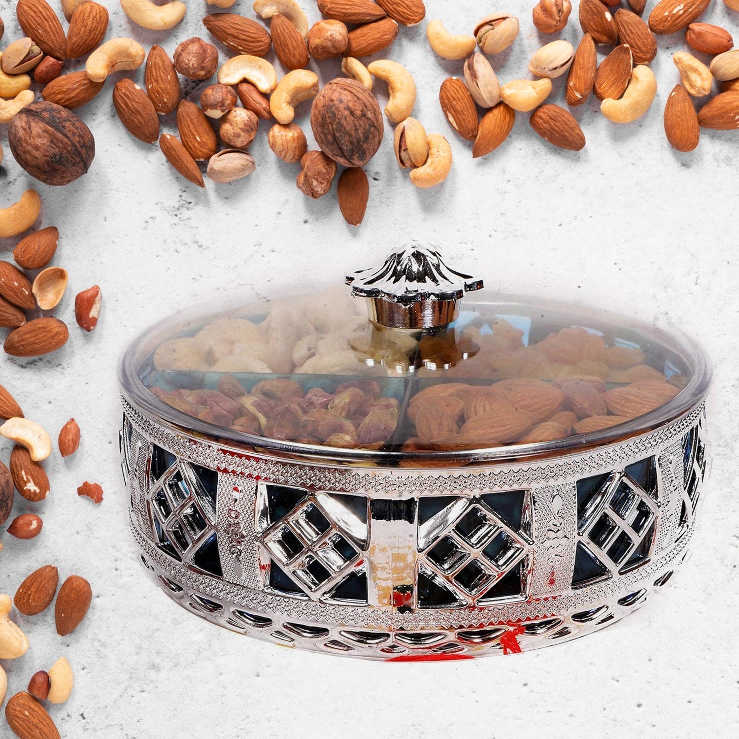 Multipurpose Dry Fruit Box 4 Section Dry Fruit Round Silver Gift Box (1 Pc) - Bhavnagar Deodap