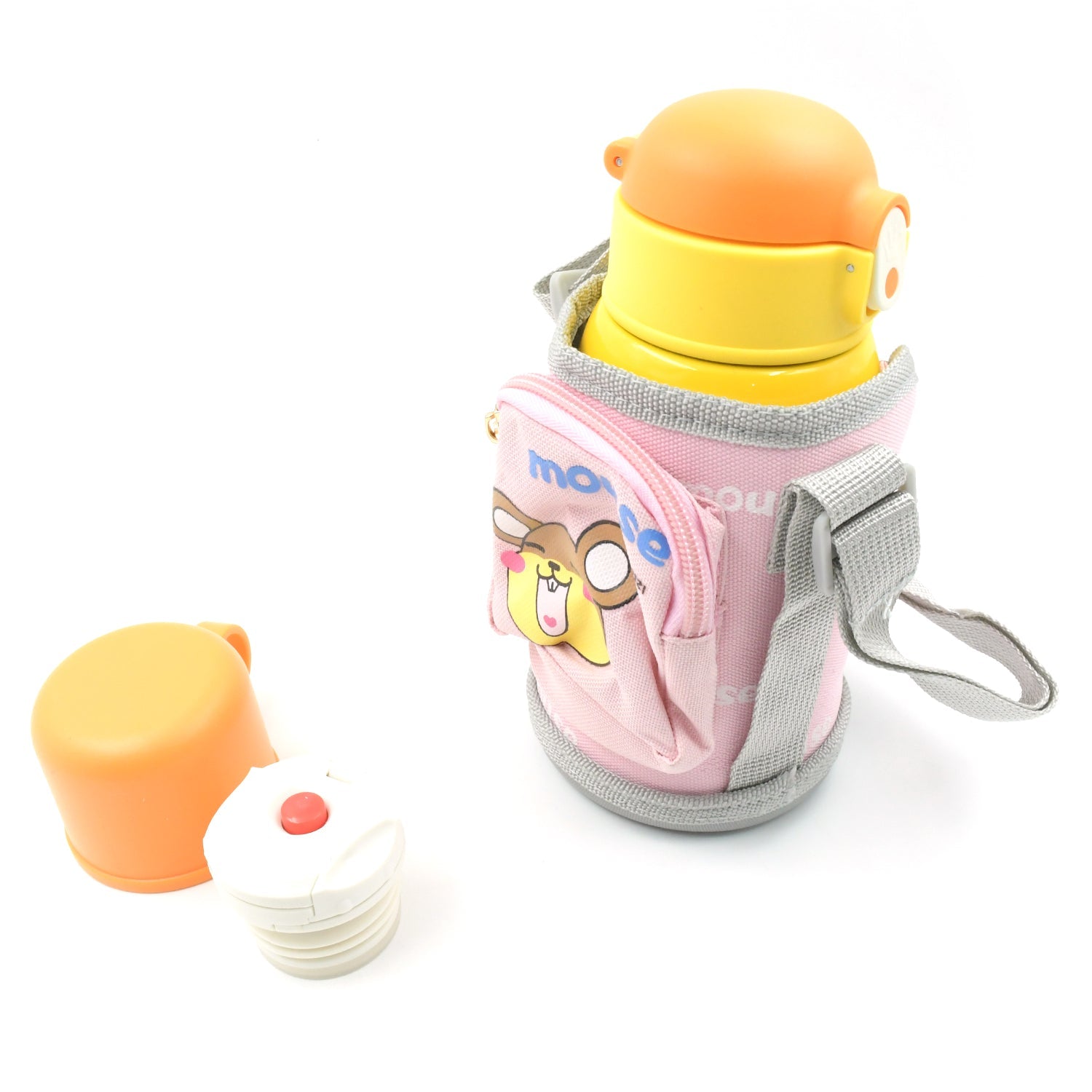 Love Baby Cute Animals Prints Kids Bottle Sipper for HOT N Cold Water, Milk, Juice with Bottle Cover, Cup, Zip Pocket & Straw to Keep Things Orange Green Pink Colors for Outdoor / Office / Gym / School (600 ML) - Bhavnagar Deodap