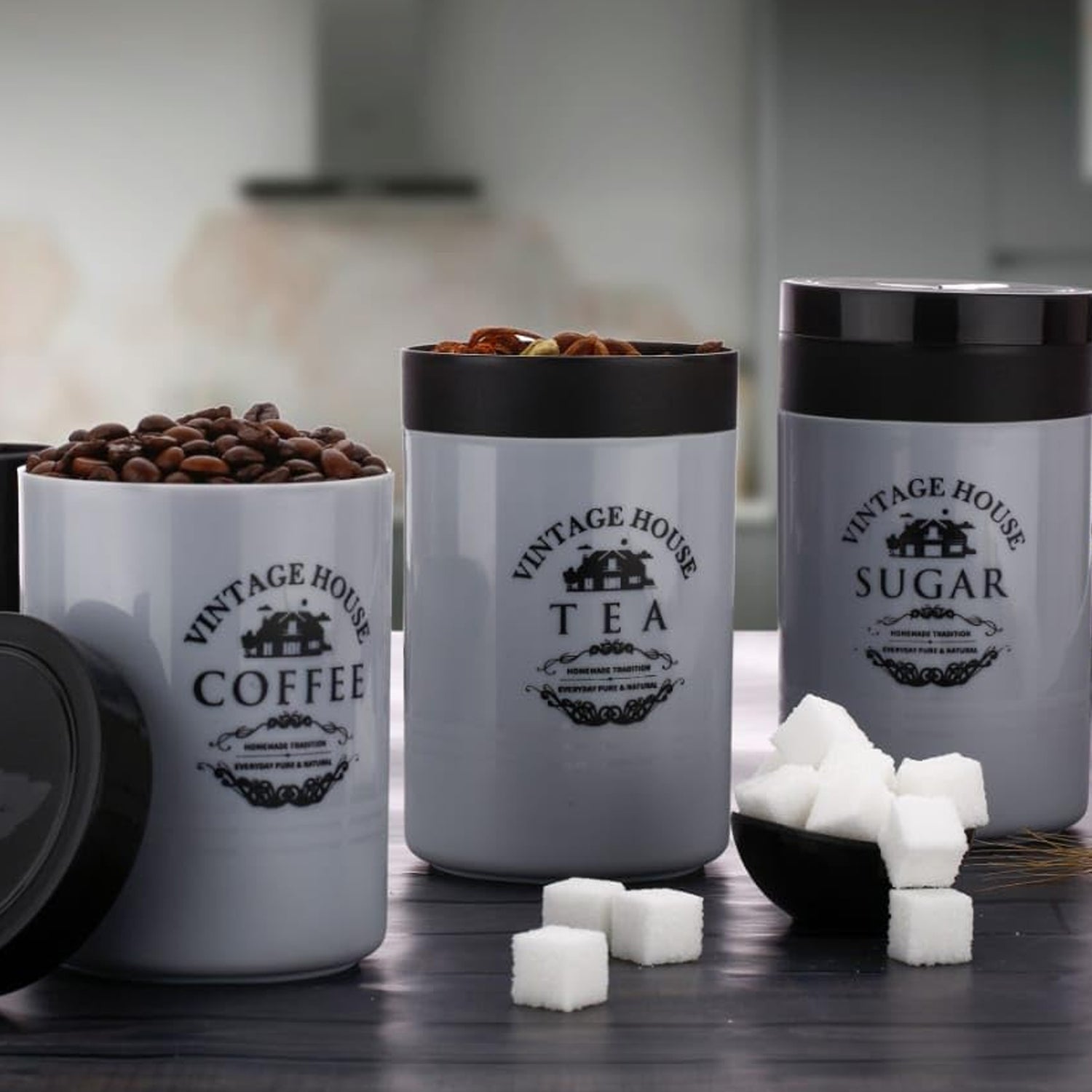 Accurate Seal Tea Sugar Coffee Container - 3 Pcs Plastic Damru Shaped Tea, Coffee, Sugar Canisters Jar, New Airtight Food Seal Containers for Salt, Dry Fruit, Grocery Multicolor (3 Pcs Set) - Bhavnagar Deodap