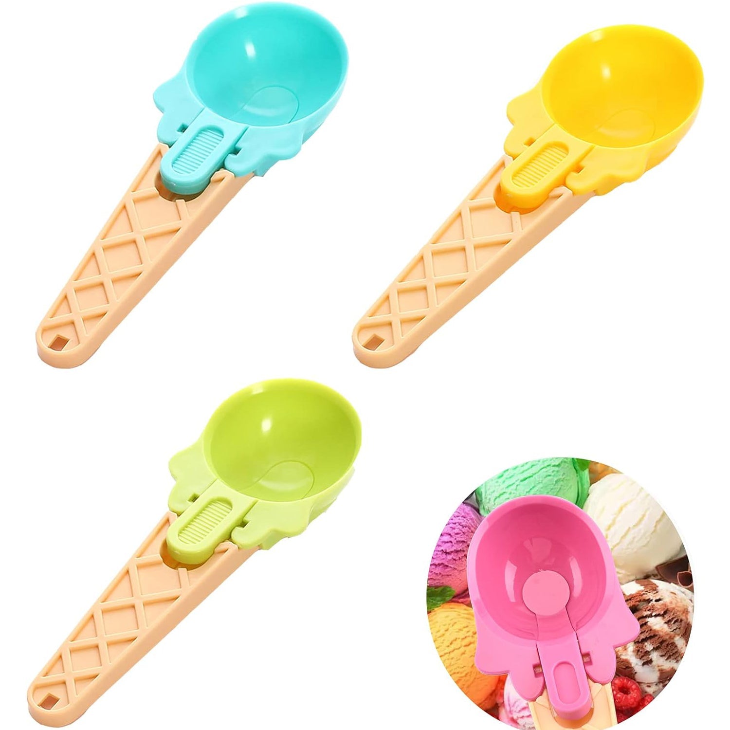 Ice Cream Spoons 2pcs Plastic Water Melon Scoopers with Trigger Dipper and Adults for Summer Party Ice Cream Scoop, Food Serving Spoon Kitchen Tools Ice Cream Digging Spoon Household Spoons Cupcake Spoons Aps Fruit Ball Player (2 Pc) - Bhavnagar Deodap