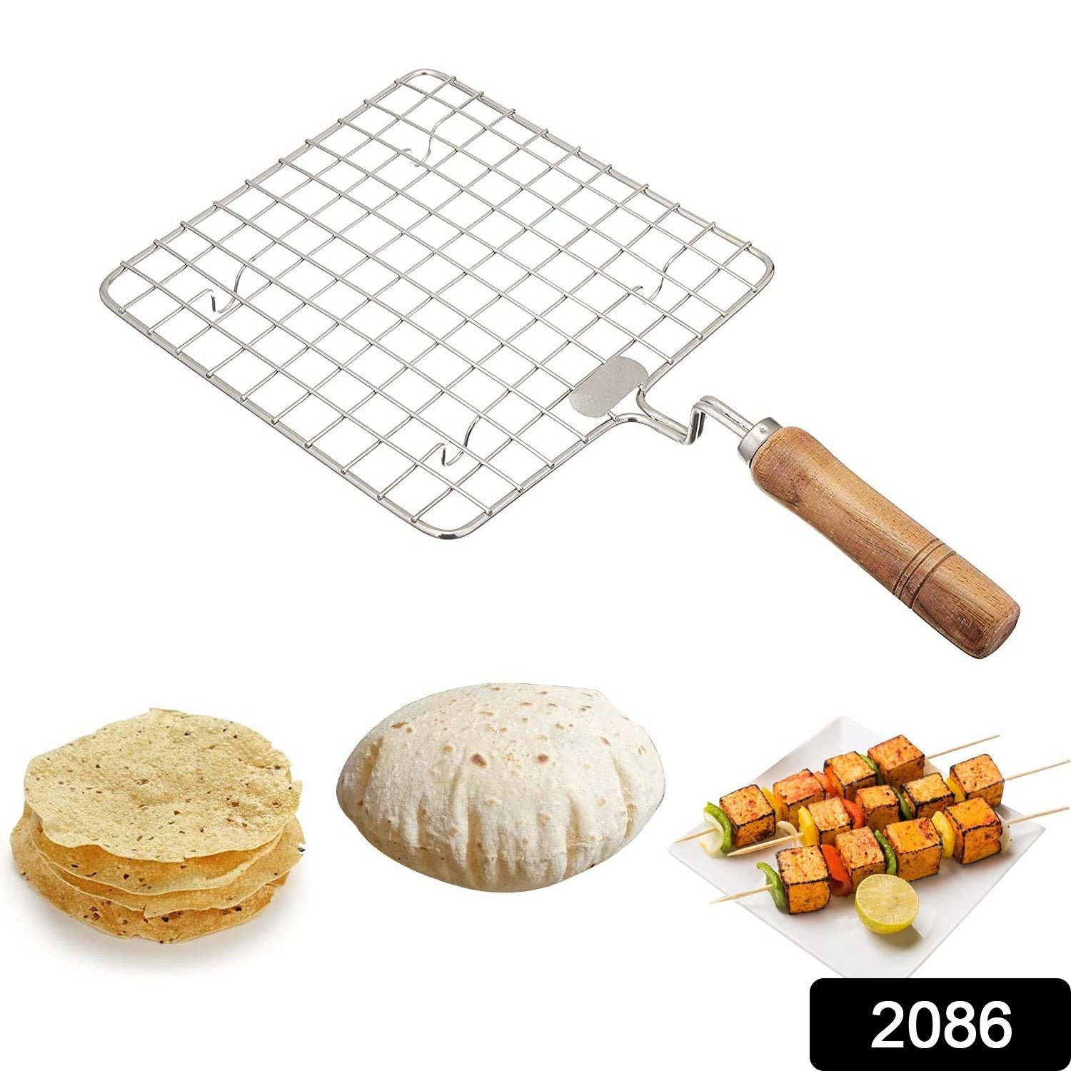 Kitchen Square Stainless Steel Roaster Papad Jali, Barbecue Grill with Wooden Handle - Bhavnagar Deodap