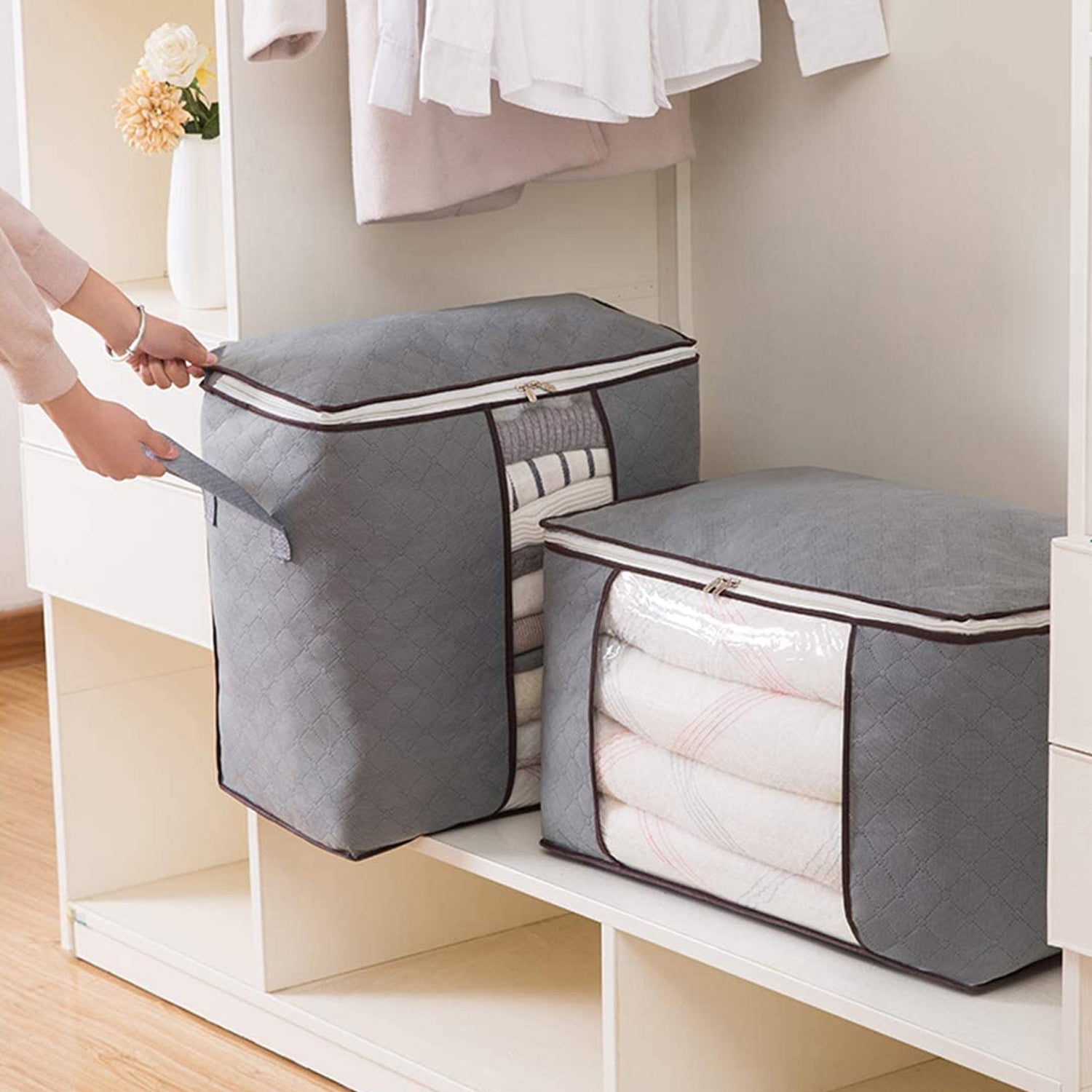 Storage bag with Zipper and Space Saver Comforter bag, Pillow, Quilt, Bedding, Clothes, Blanket Storage Organizer Bag with Large Clear Window and Carry Handles for Closet. - Bhavnagar Deodap