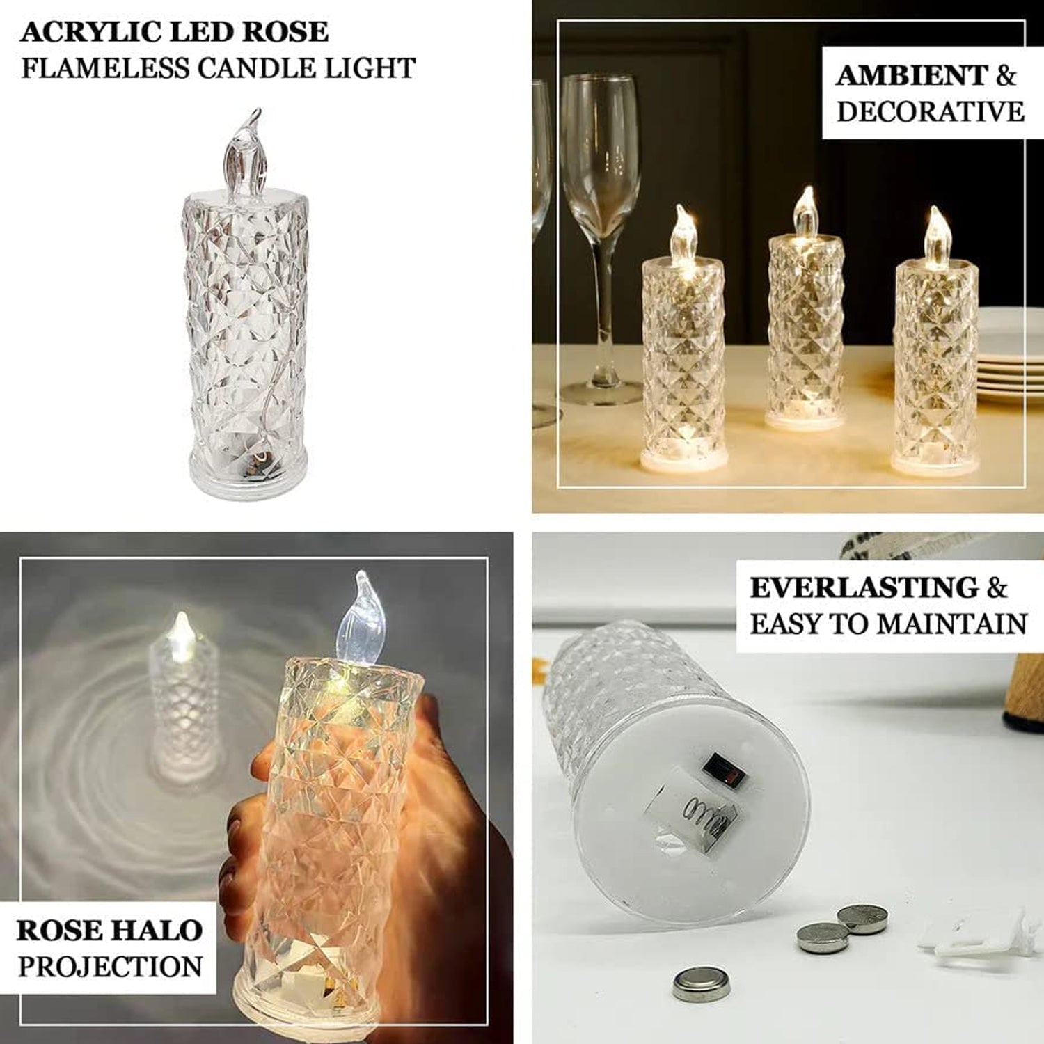 Rose Candles LED Flameless and Smokeless Decorative Acrylic Transparent Candles Led Tea Light Candle Perfect for Gifting, Home, Diwali, Christmas, Crystal Candle Lights (1 Pc)  (MOQ :- 12 pc ) - Bhavnagar Deodap