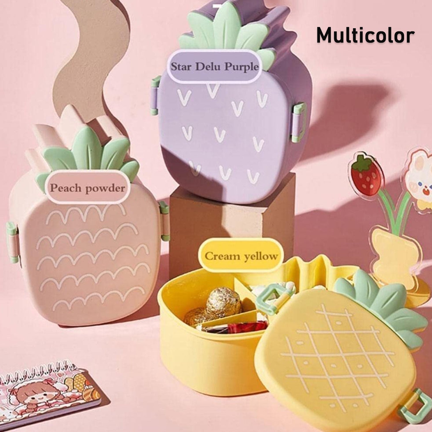 Kids Lunch Box Cute Pineapple Shaped Bento Box with Fork Spoon Snack Candy Container Microwave Portable Office Lunch Box (1 Pc / With Spoon & Fork) - Bhavnagar Deodap