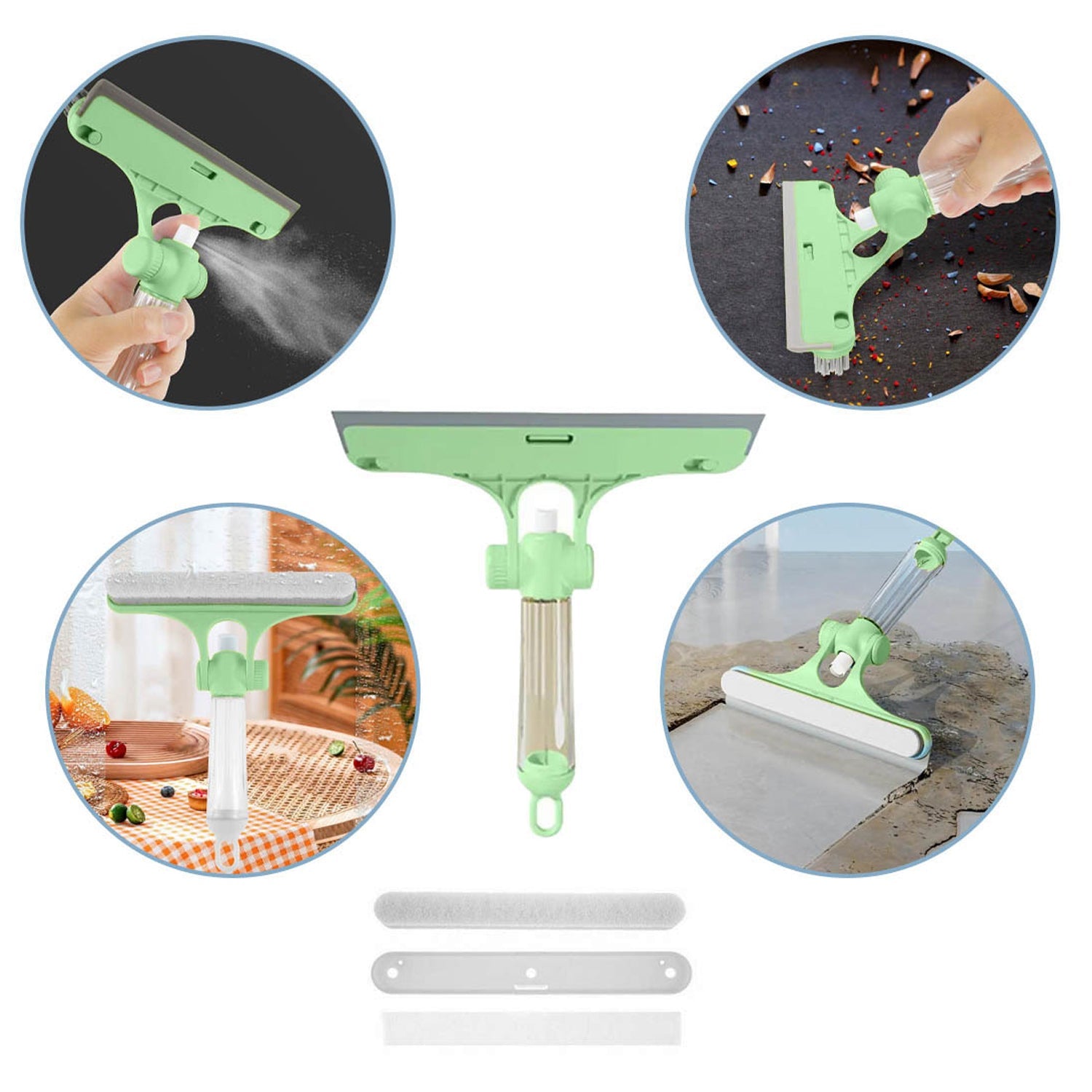 4 in 1 Multifunctional Glass Scraper, Window Glass Wiper with Watering Can, Silicon Cleaning Squeegee with Two Brush Heads, Practical Squeegee for Shower Doors, Windows, Tiles and Car Glass - Bhavnagar Deodap