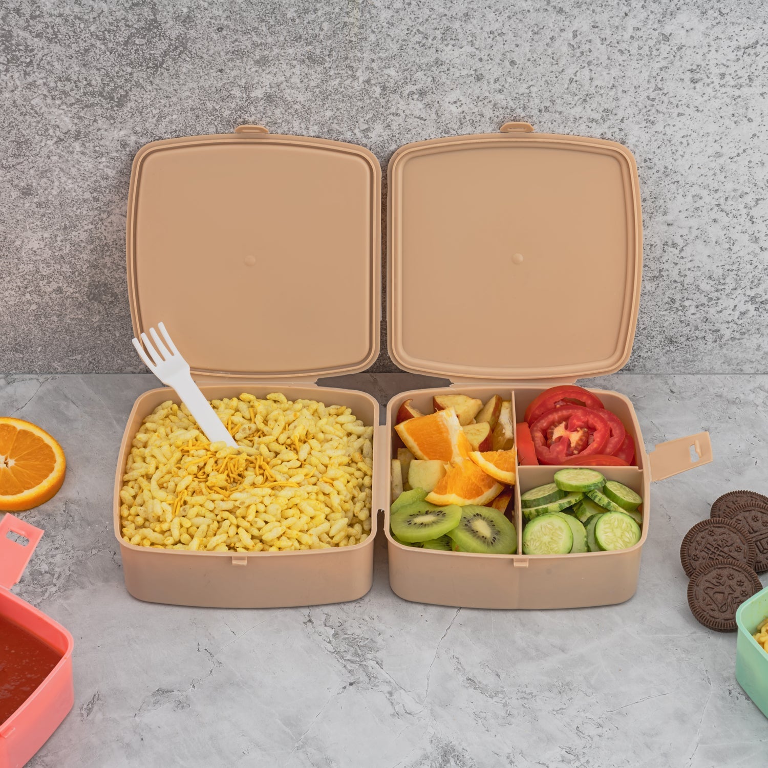 Double-Layer Square Lunch Box with  Spoon , 4 Compartment Tiffin & Push Lock , Plastic Tiffin Box for Travelling, School Kids & Office Exclusive, Home - Bhavnagar Deodap