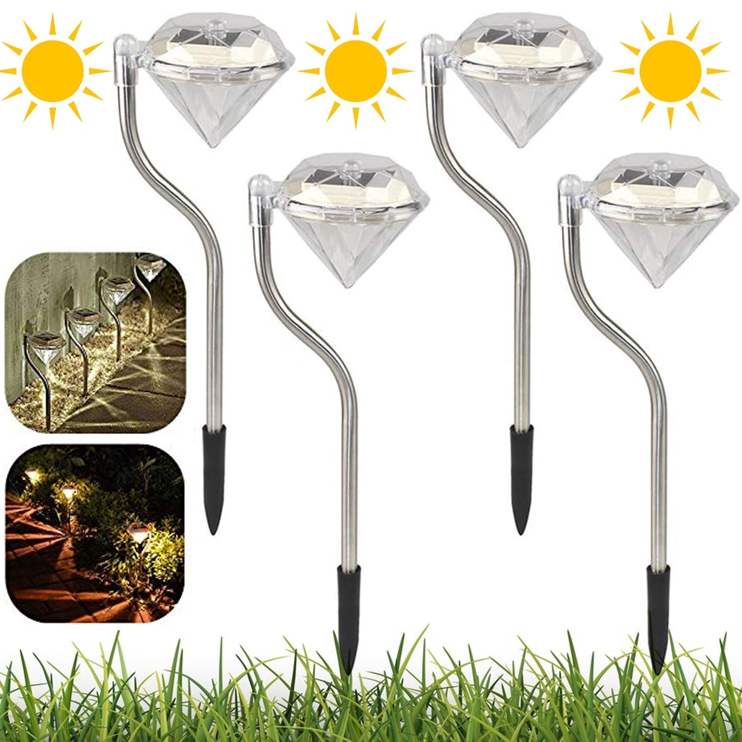 Diamond Shaped Solar Powered Stake Lights, Waterproof Outdoor Solar Power Lawn Lamps Led Spot Light Garden Pathway Stainless Steel Solar Landscape Lighting (4 Pcs Set) - Bhavnagar Deodap