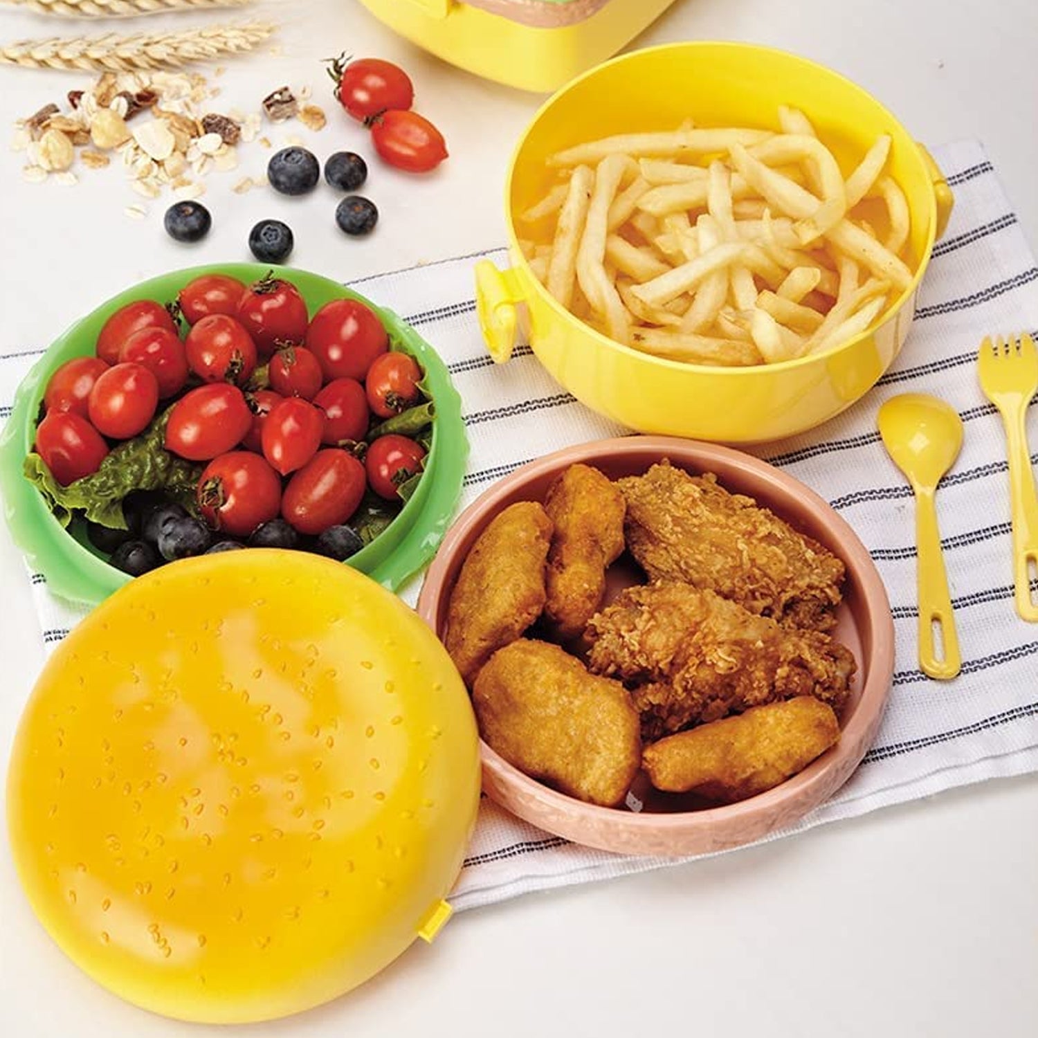 Burger Shape Lunch Box Plastic Lunch Box Food Container Sets Double Layer Lunchbox 1000ml With 2 Spoon Applicable to Kids and Elementary School Students - Bhavnagar Deodap