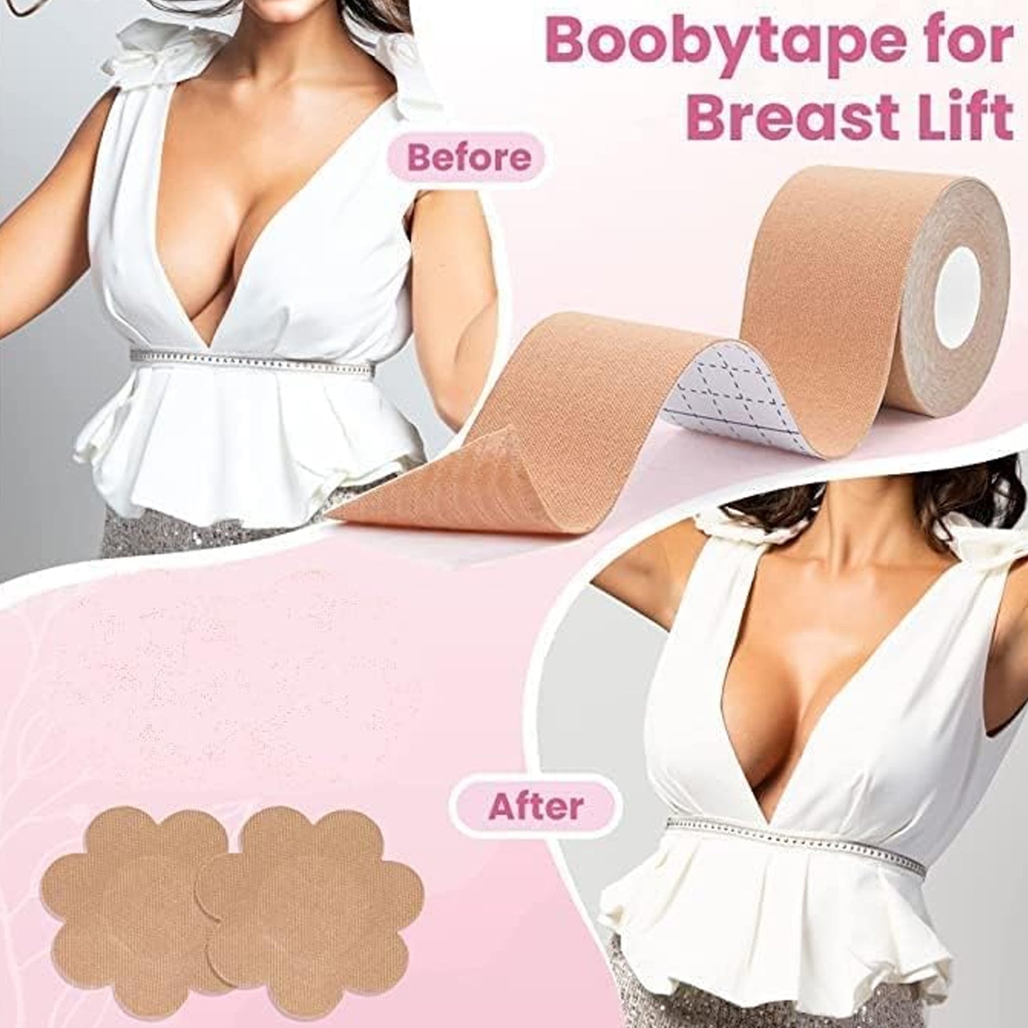 Boob Tape with Nipple Covers: Cotton, Breathable, Lift & Support (5m, 10 Pairs) - Bhavnagar Deodap