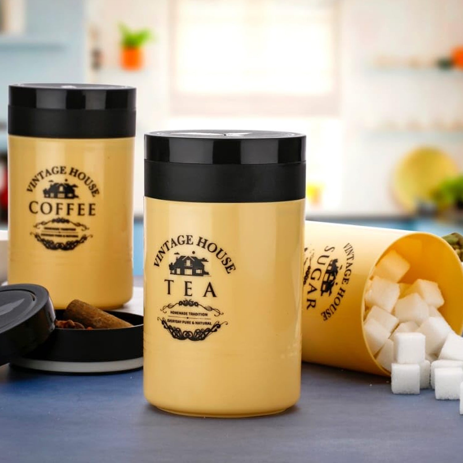 Accurate Seal Tea Sugar Coffee Container - 3 Pcs Plastic Damru Shaped Tea, Coffee, Sugar Canisters Jar, New Airtight Food Seal Containers for Salt, Dry Fruit, Grocery Multicolor (3 Pcs Set) - Bhavnagar Deodap