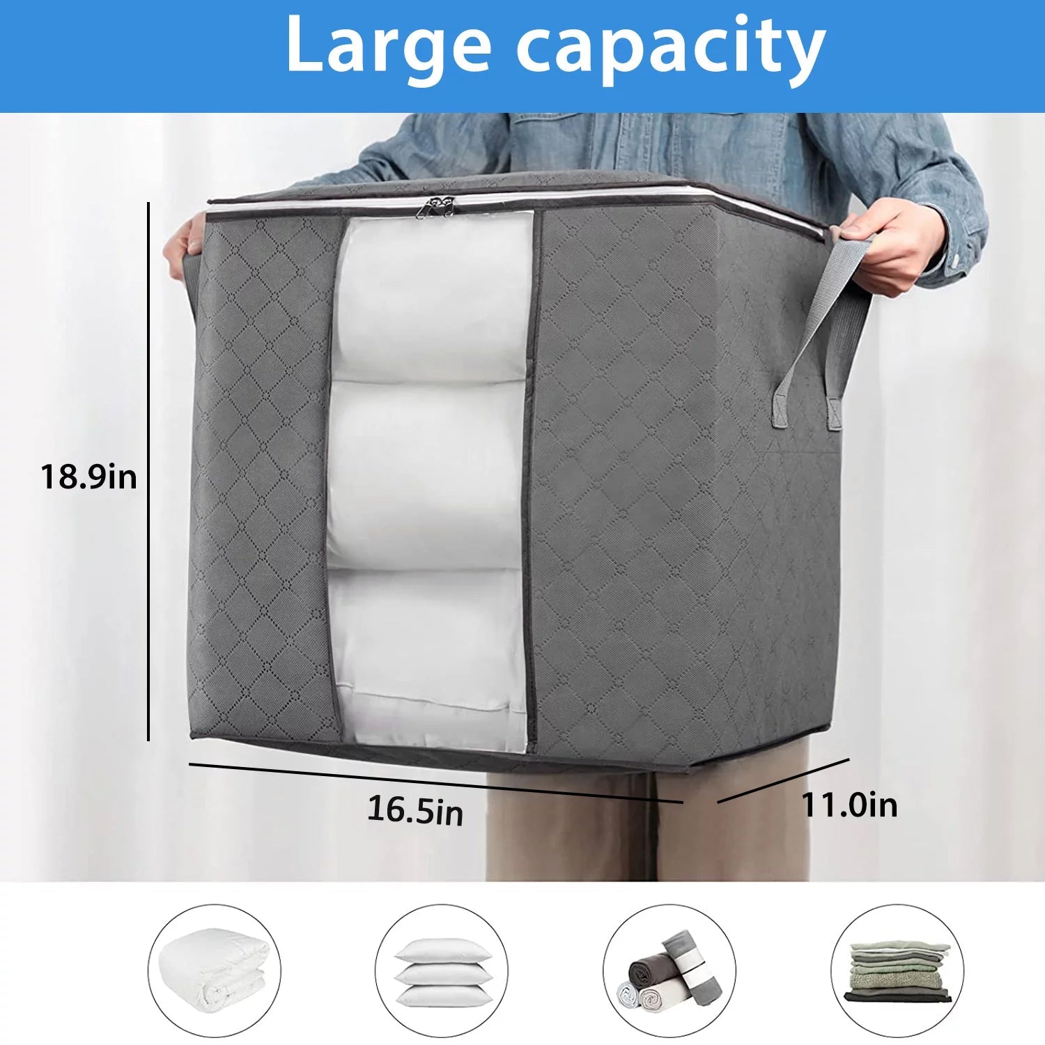 Storage bag with Zipper and Space Saver Comforter bag, Pillow, Quilt, Bedding, Clothes, Blanket Storage Organizer Bag with Large Clear Window and Carry Handles for Closet. - Bhavnagar Deodap