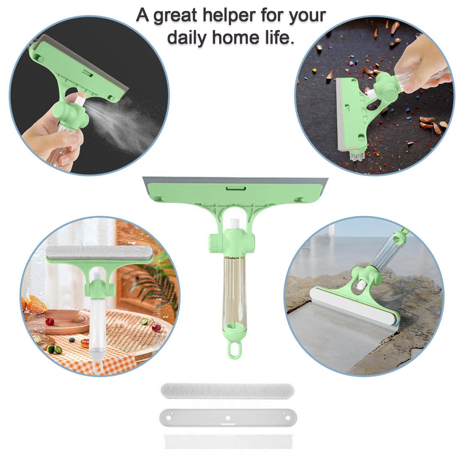 4 in 1 Multifunctional Glass Scraper, Window Glass Wiper with Watering Can, Silicon Cleaning Squeegee with Two Brush Heads, Practical Squeegee for Shower Doors, Windows, Tiles and Car Glass - Bhavnagar Deodap