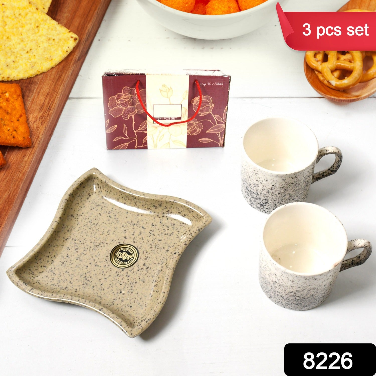 Minto Ceramic Tea / Cups Set Including Plastic Serving Platter, Milk Cup / Mug, Coffee Cup, Tea Cup BPA Free Food Grade, or Outdoor for Household Gift For Birthday (3 Pcs Set) - Bhavnagar Deodap