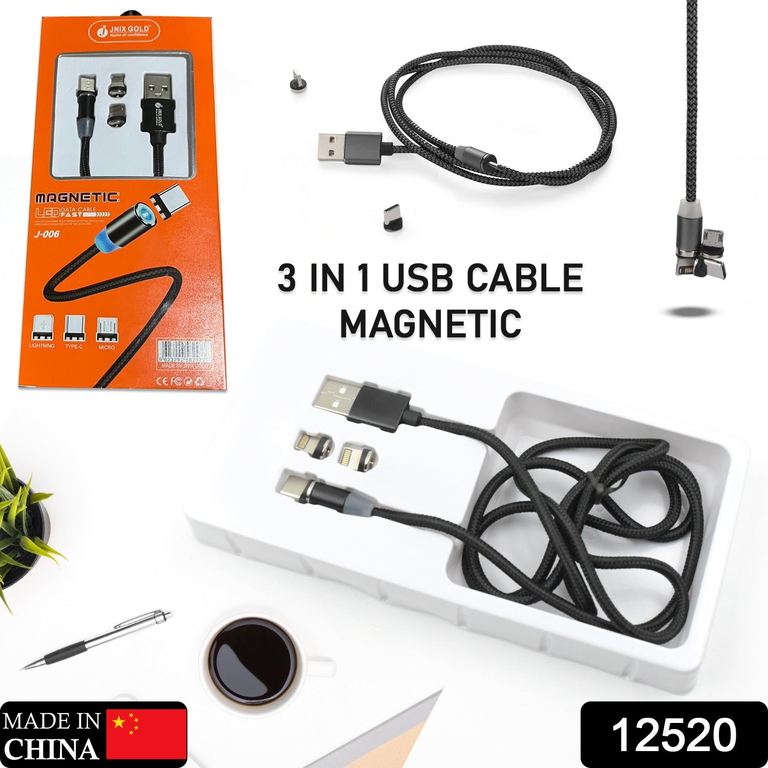 Magnetic Charging Cable 3 in 1 Metal Magnetic Micro USB Type C Lighting Cable with LED, Multiple Charging Adapters for All Android and all Smartphones  (Compatible with All Android and iPhone Smartphones, Tablet, PC, Mobile - Bhavnagar Deodap