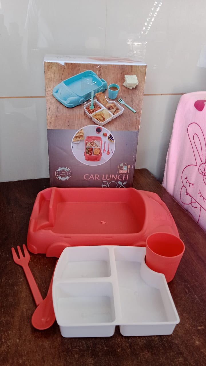 Kid's Car Shaped Plates Cup / Lunch Box Dinnerware Set (4 Pcs Set / 1000 ML Lunch Box) - Bhavnagar Deodap
