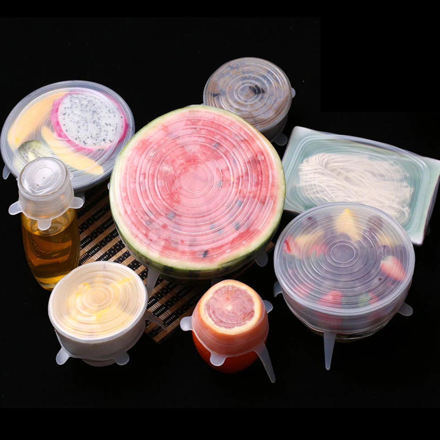 Silicone Stretch Lids, Food Cover For Freezer Microwave Oven Dishwasher Safe Fresh-Keeping Flexible Covers for Utensils, Dishes, Plates Jars, Cans, Mugs, Bowl Covers Food Safety Seal Lids (6 Pcs Set /95 Gm ) - Bhavnagar Deodap