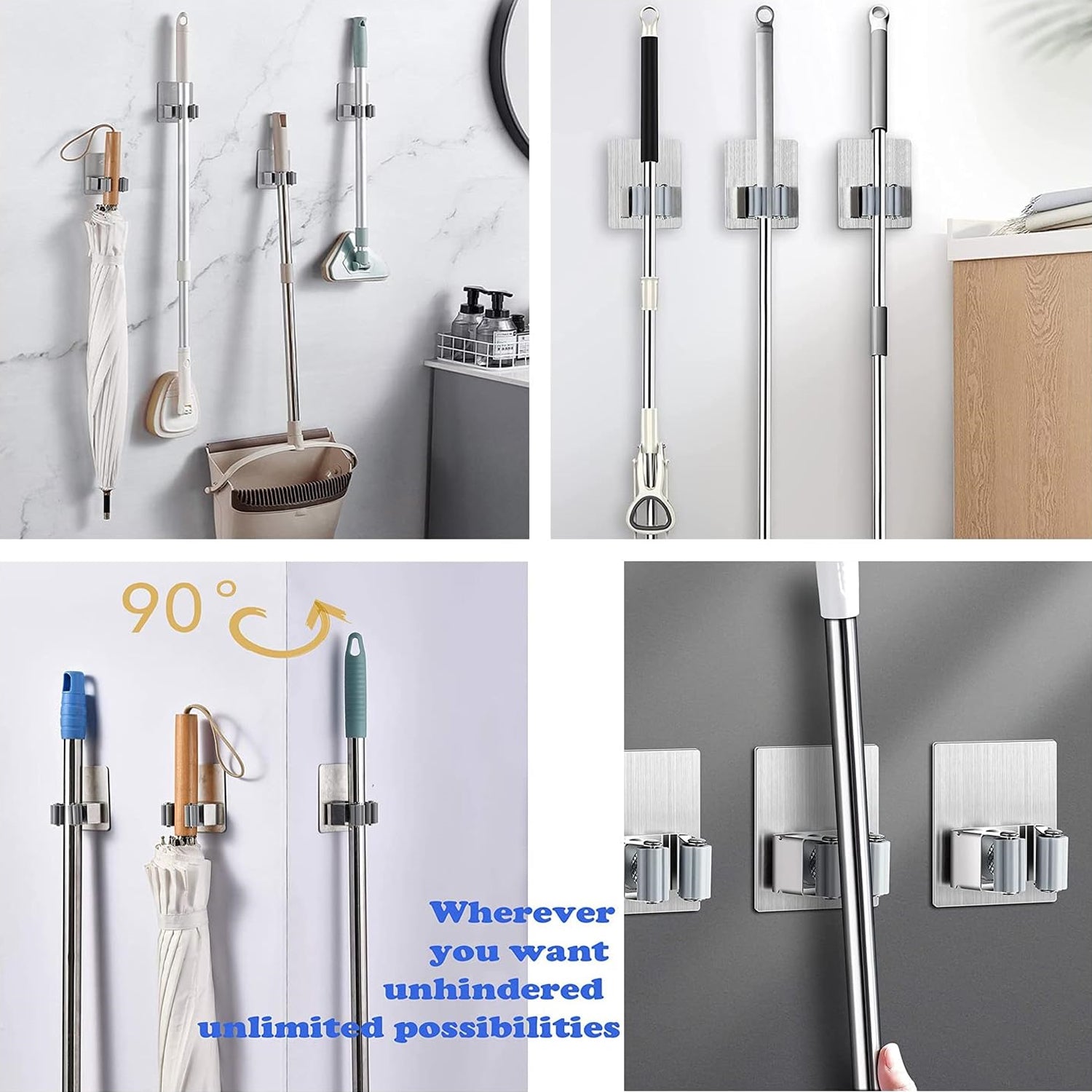 Stainless Steel Mop Broom Holder Organizer, With Glue 6gm Adhesive Wall Mounted Mop Organizer Storage Rack Clip Heavy Duty Broom Hanger for Laundry Room Garden Tool Holder Bathroom Accessories (1 Pc) - Bhavnagar Deodap