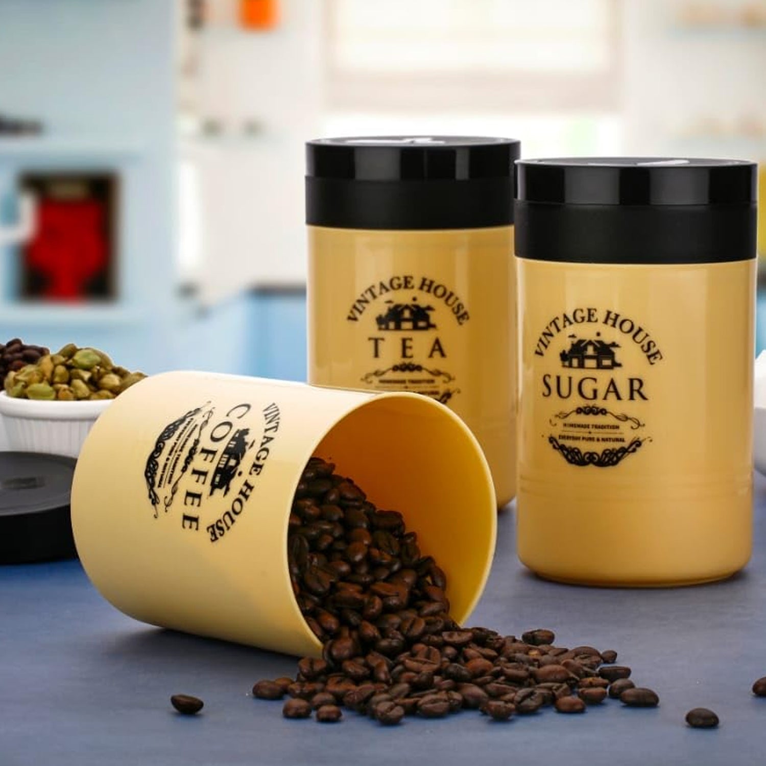 Accurate Seal Tea Sugar Coffee Container - 3 Pcs Plastic Damru Shaped Tea, Coffee, Sugar Canisters Jar, New Airtight Food Seal Containers for Salt, Dry Fruit, Grocery Multicolor (3 Pcs Set) - Bhavnagar Deodap