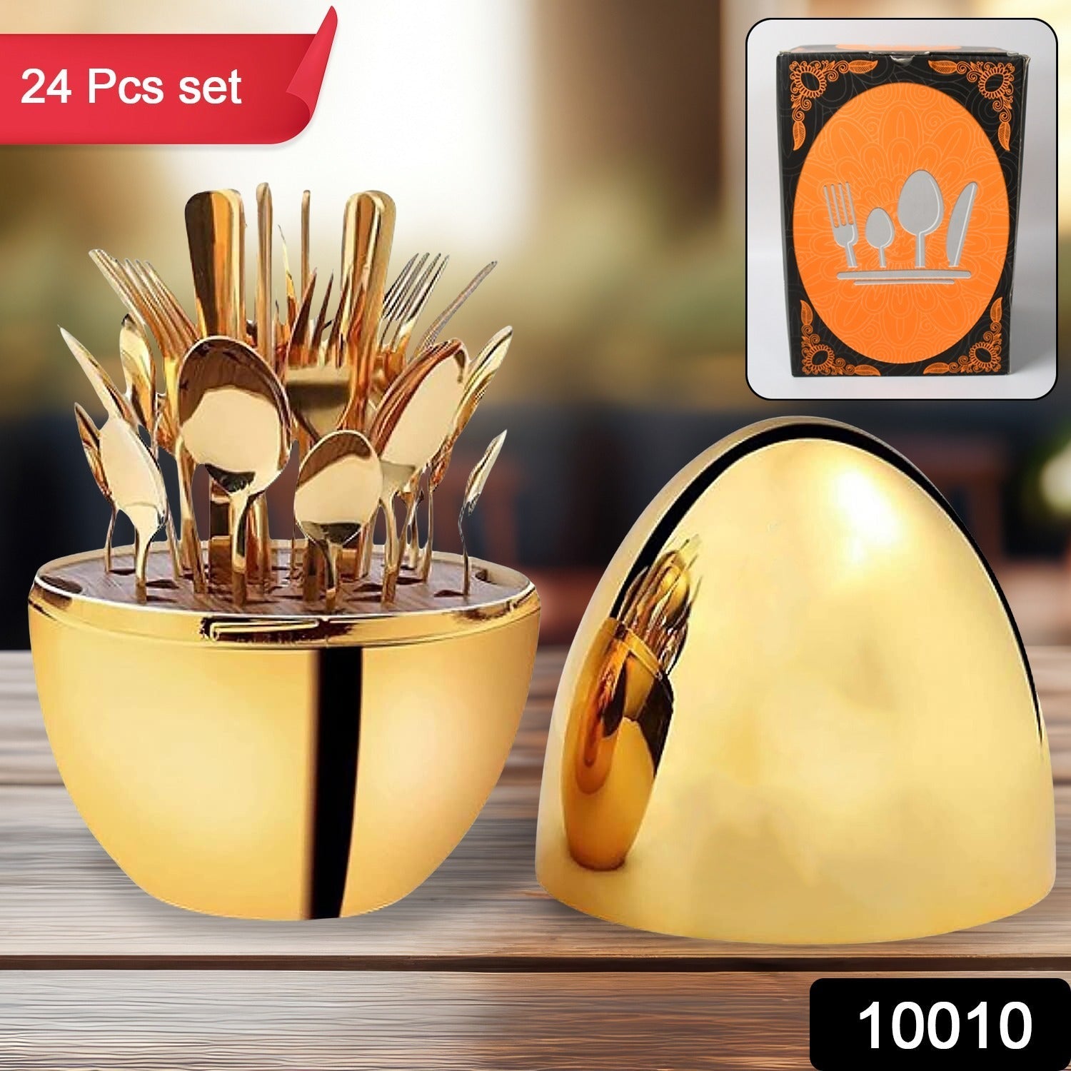 Beautiful Stylish Oval Designed Cutlery Sets, Egg-Shaped Luxury Spoon Holder Set  (Golden / 24 pcs set) - Bhavnagar Deodap